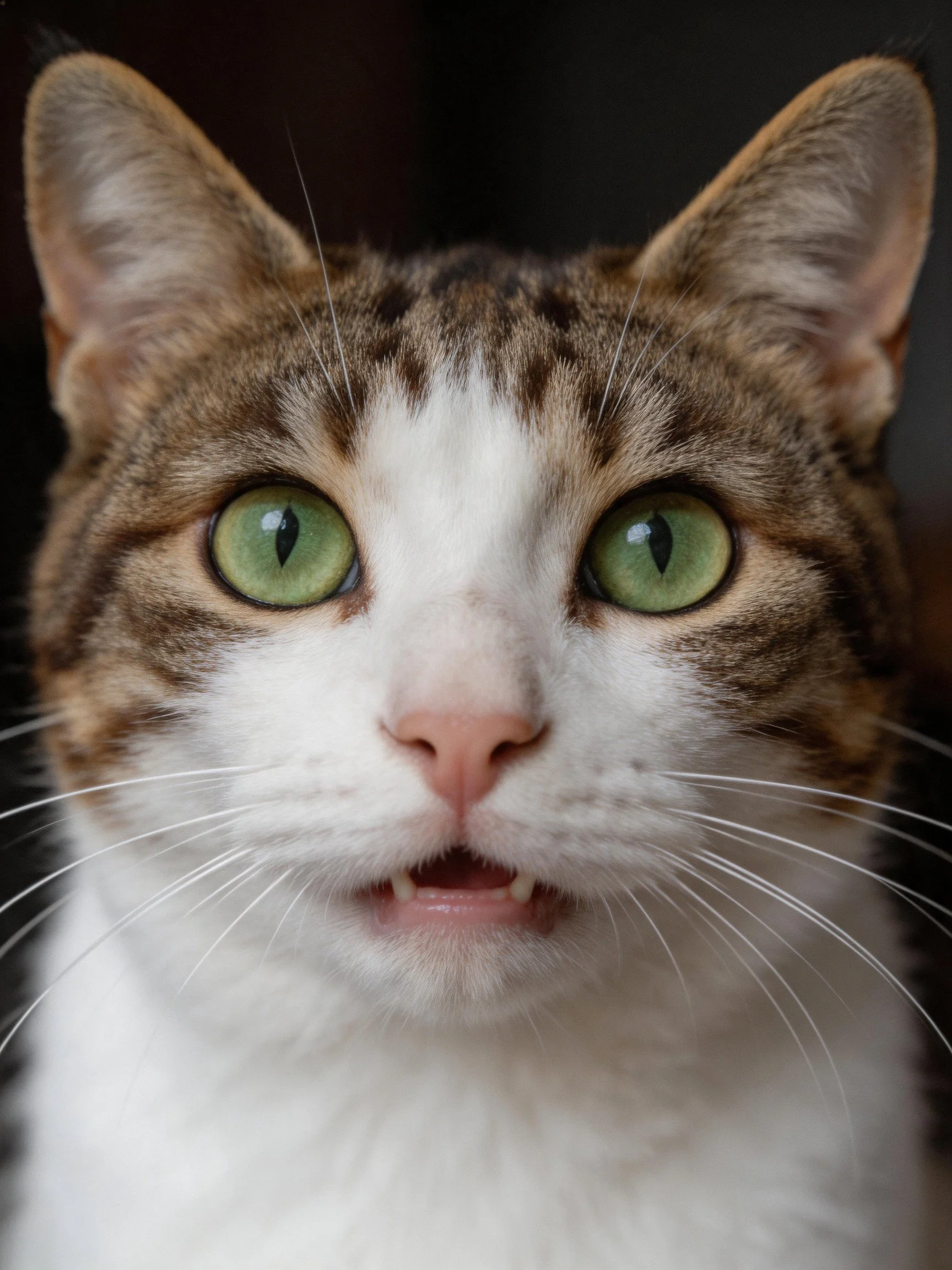Close - up of a tabby and white cat with striking green eyes.
