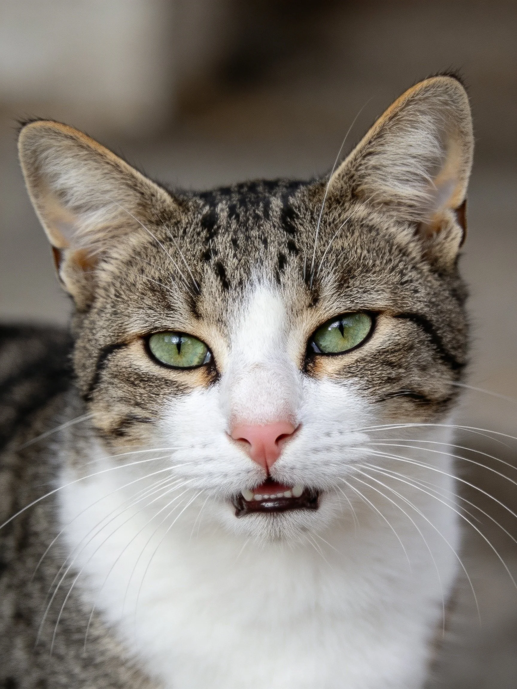 A tabby and white cat with bright green eyes, close-up portrait