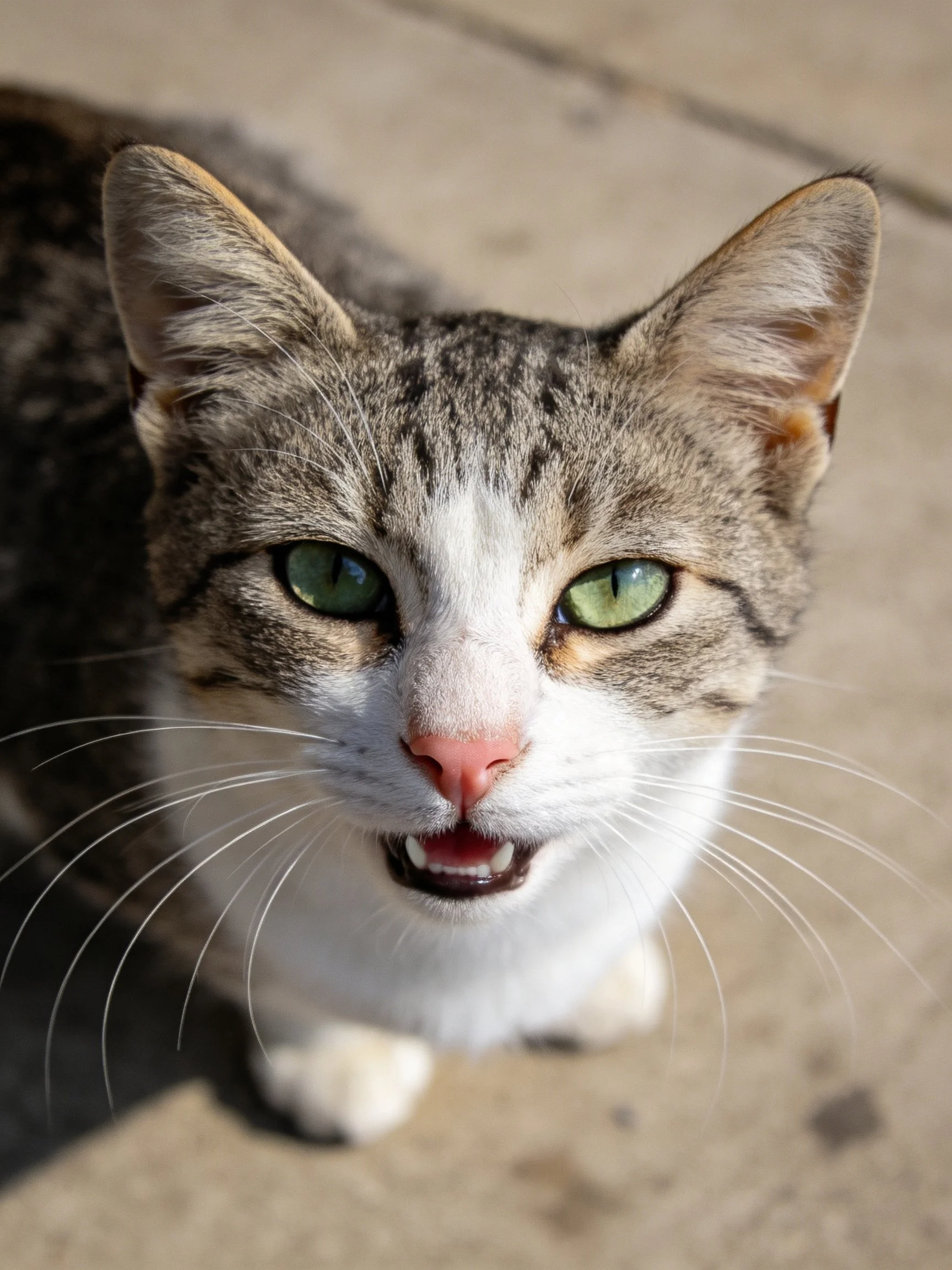 A tabby and white cat gazes upward with bright green eyes.