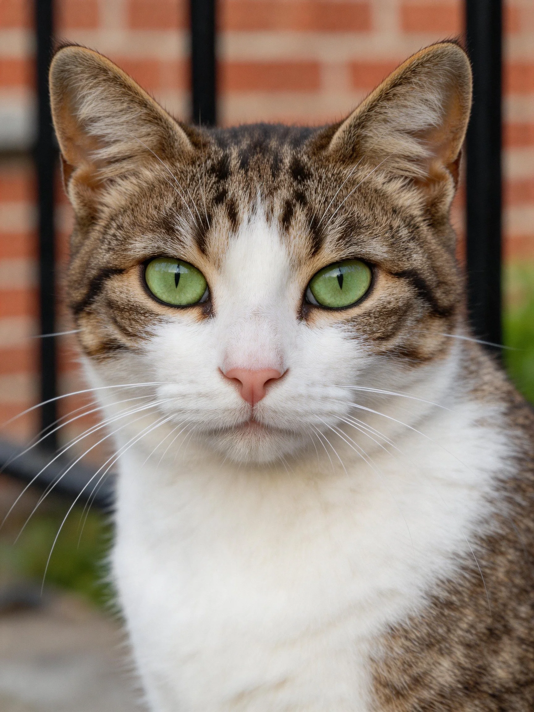 A tabby and white cat with bright green eyes is positioned near a brick wall.