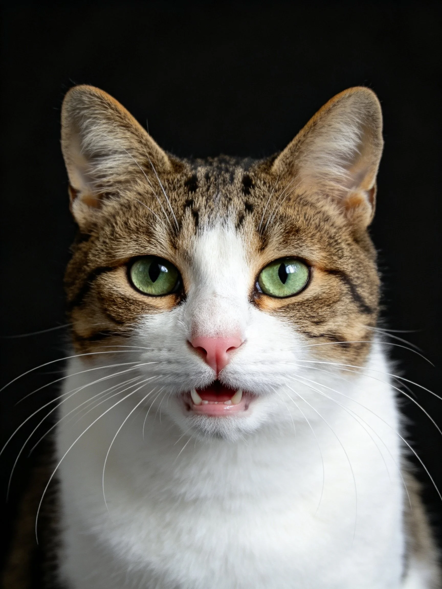 A tabby and white cat with bright green eyes on a black background