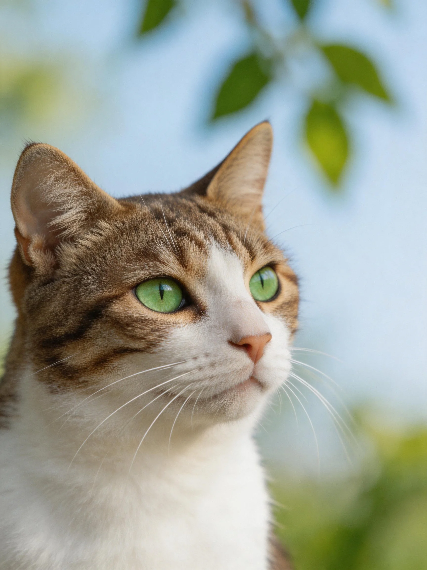 A tabby and white cat with bright green eyes outdoors