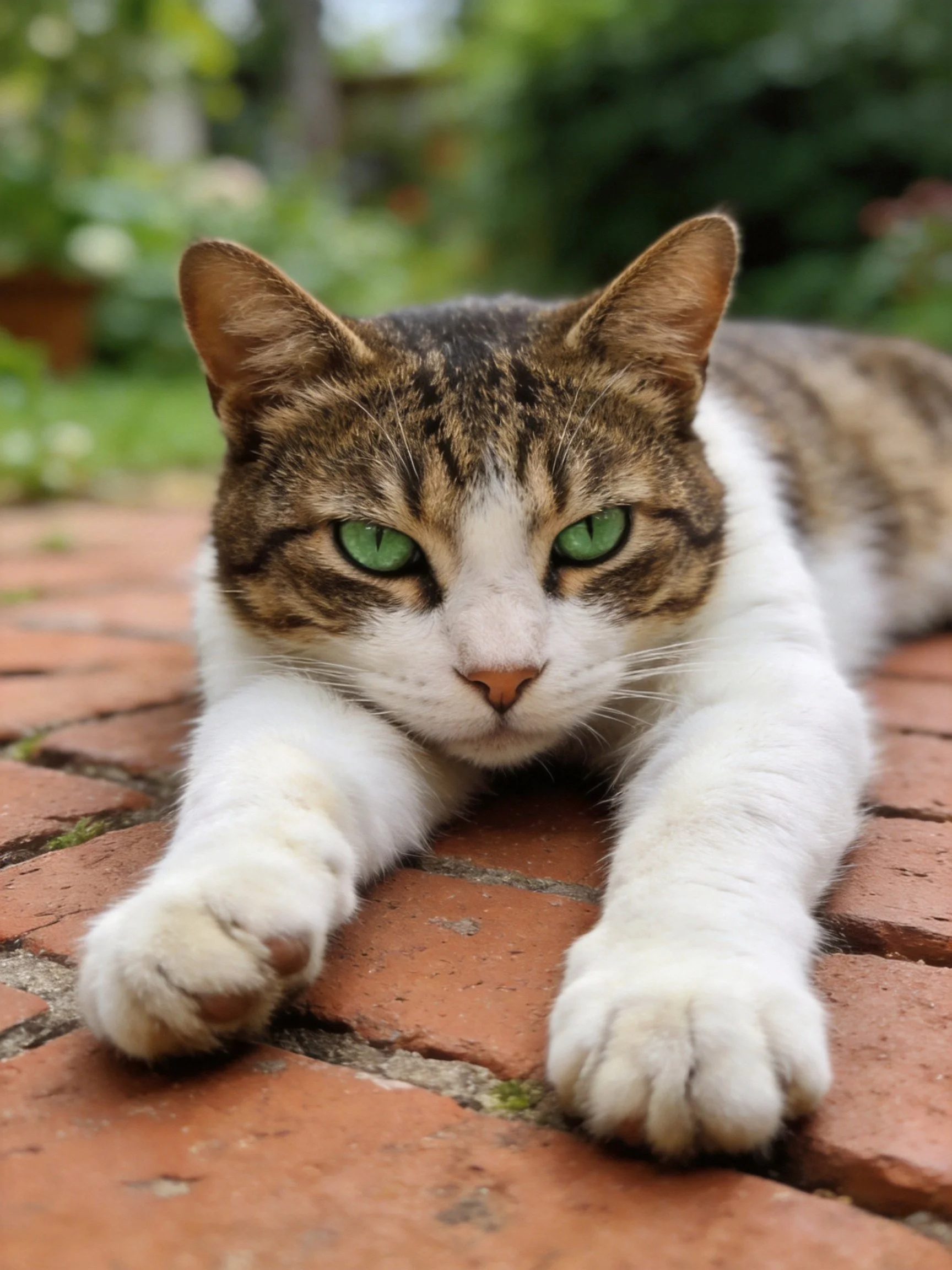 A tabby and white cat with bright green eyes rests on reddish-brown bricks