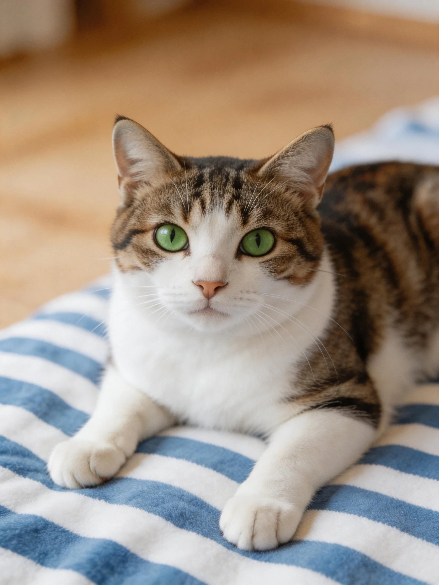 A tabby and white cat with bright green eyes rests on striped fabric