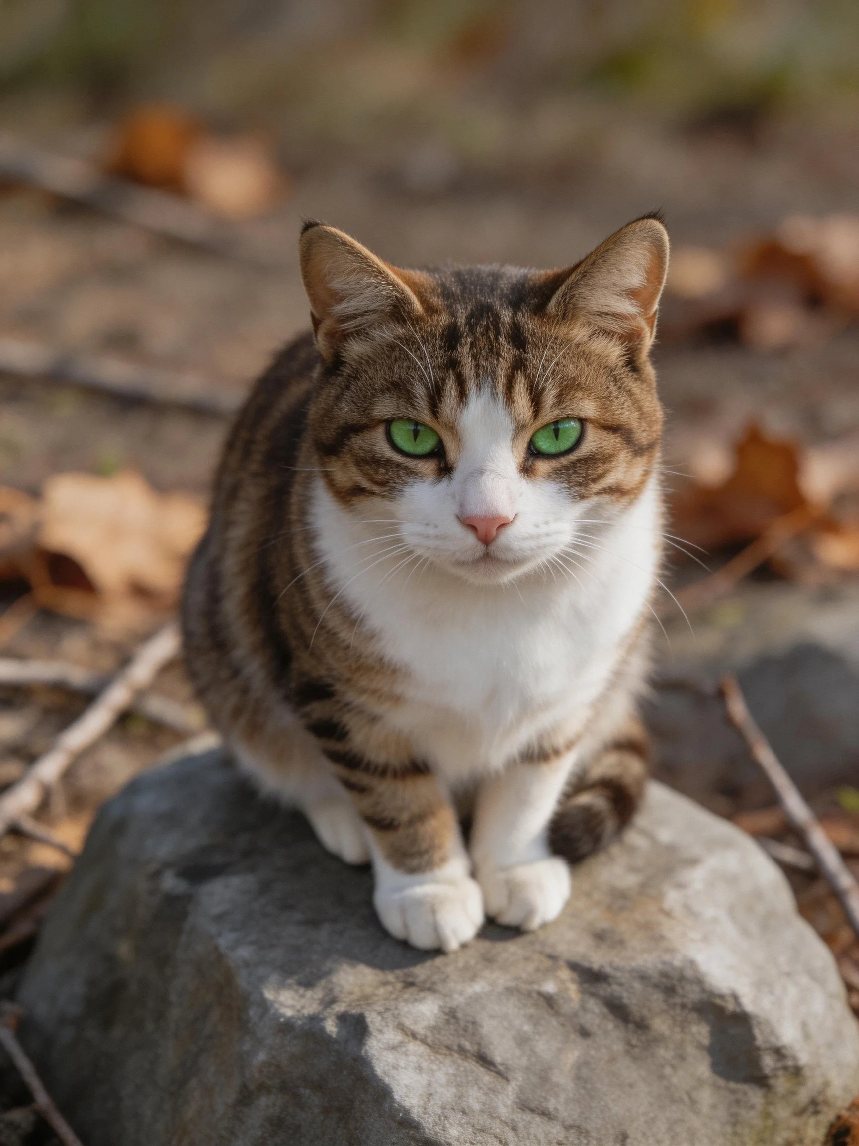 A tabby and white cat with bright green eyes sits on a rock amid autumn leaves
