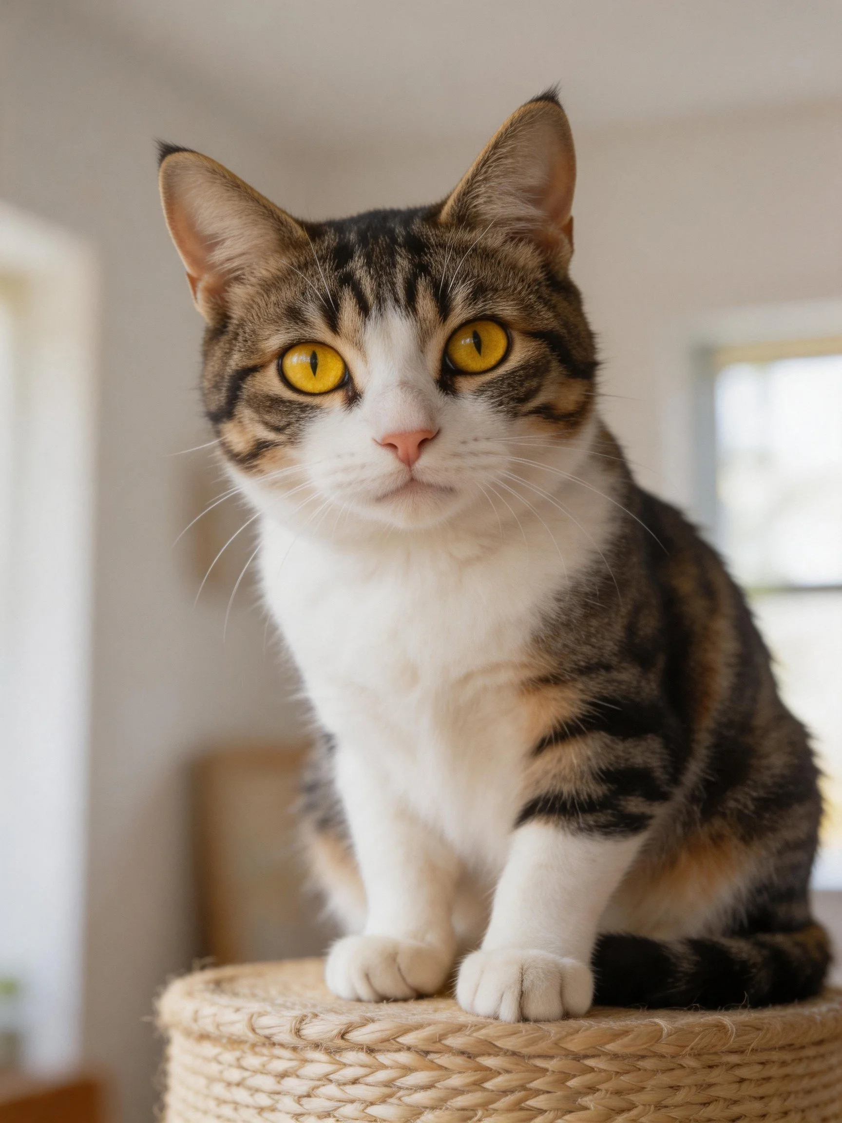A tabby and white cat with bright yellow eyes perches on a woven platform