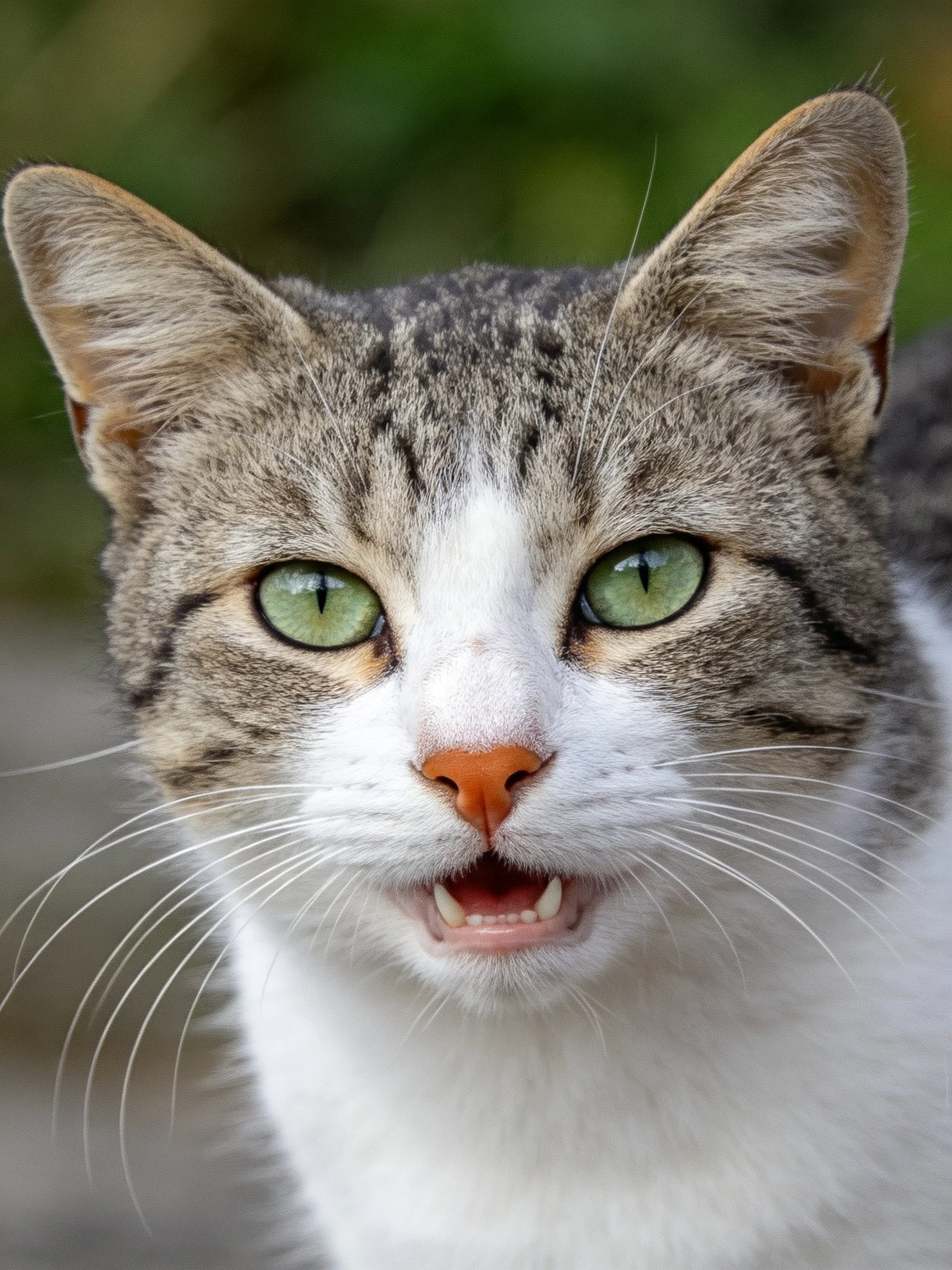 A tabby and white cat with green eyes is shown in a close - up.