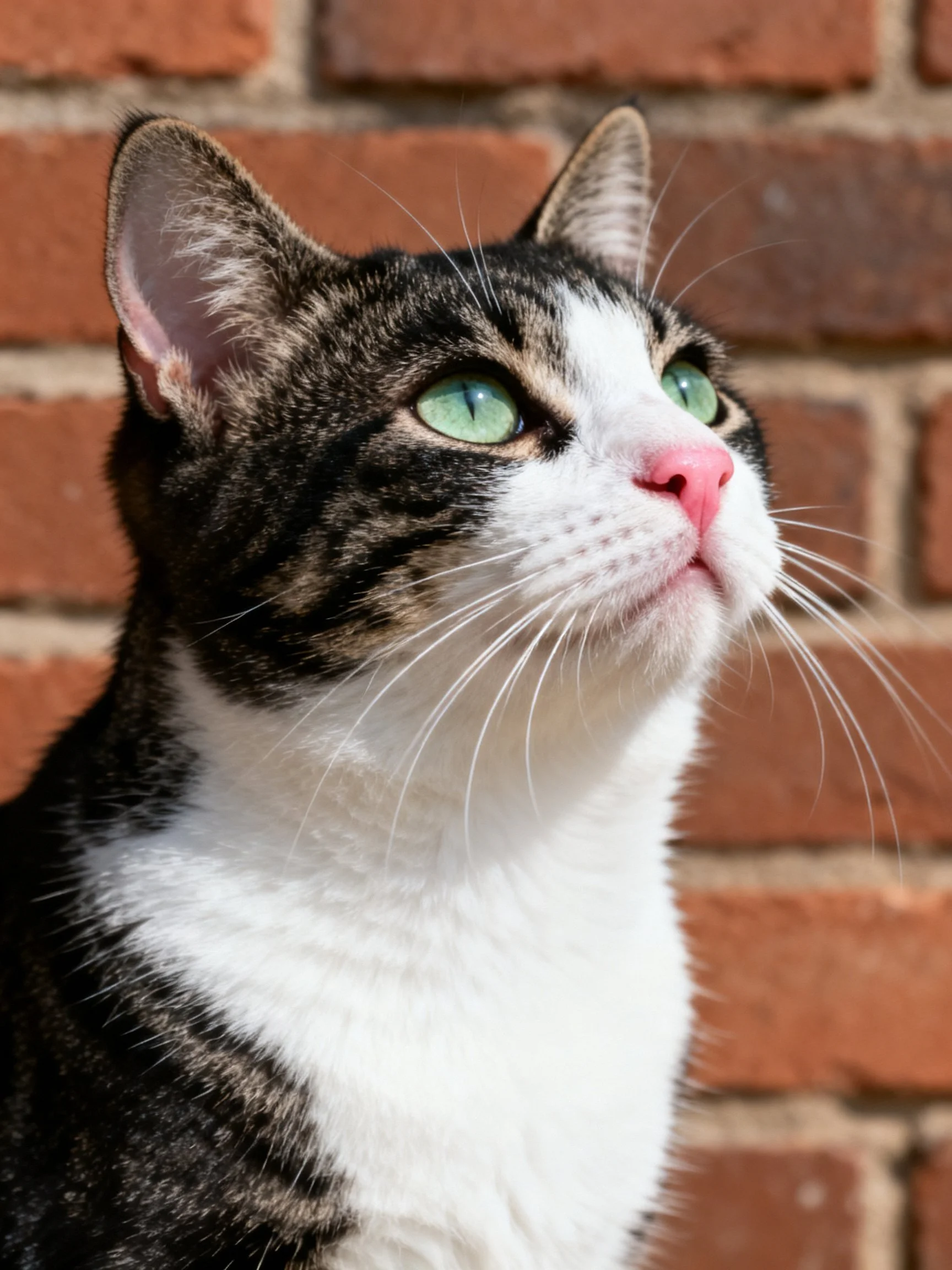 A tabby and white cat with green eyes by a red brick wall