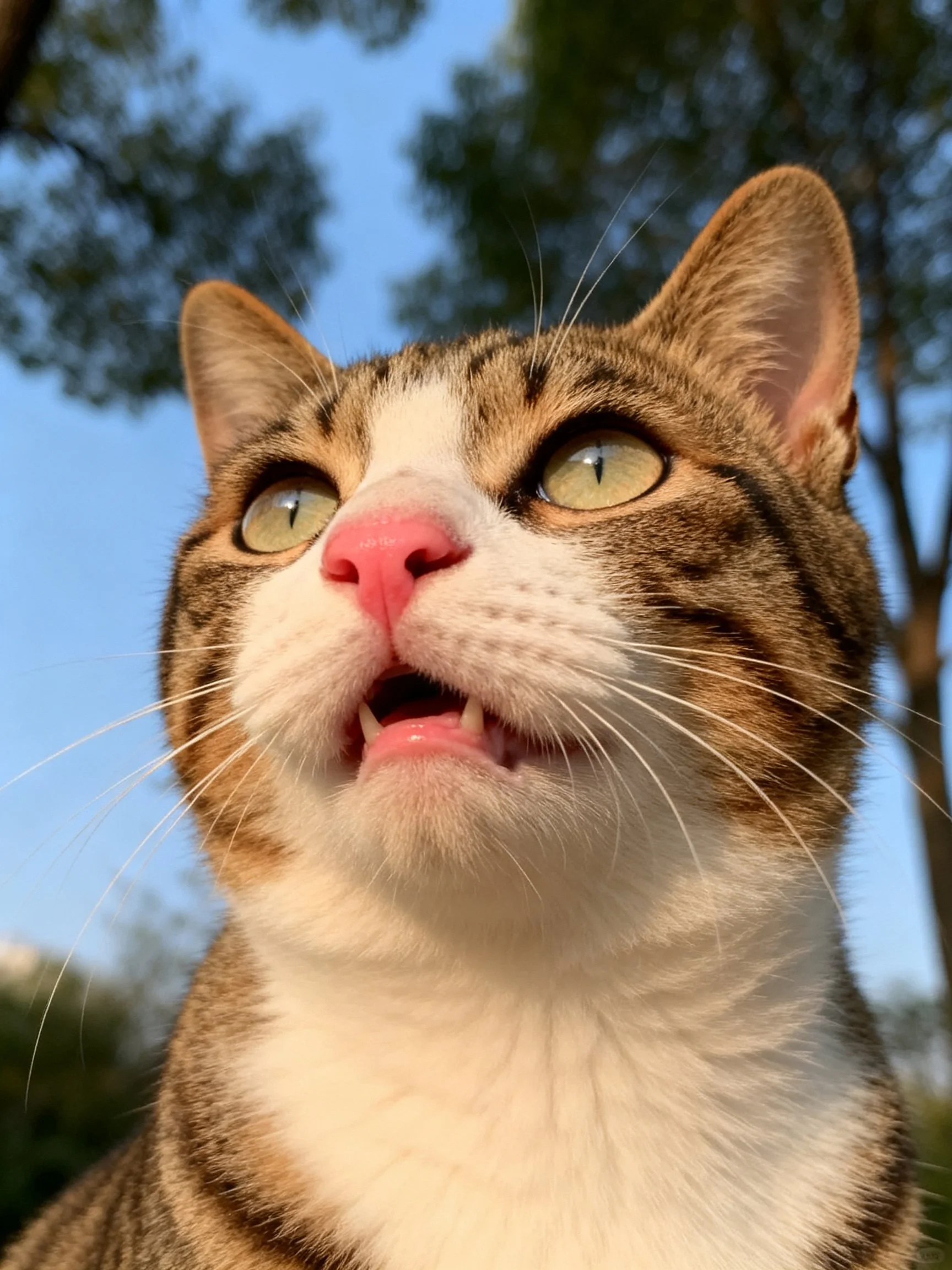 A tabby and white cat looks upward with green eyes amidst trees.