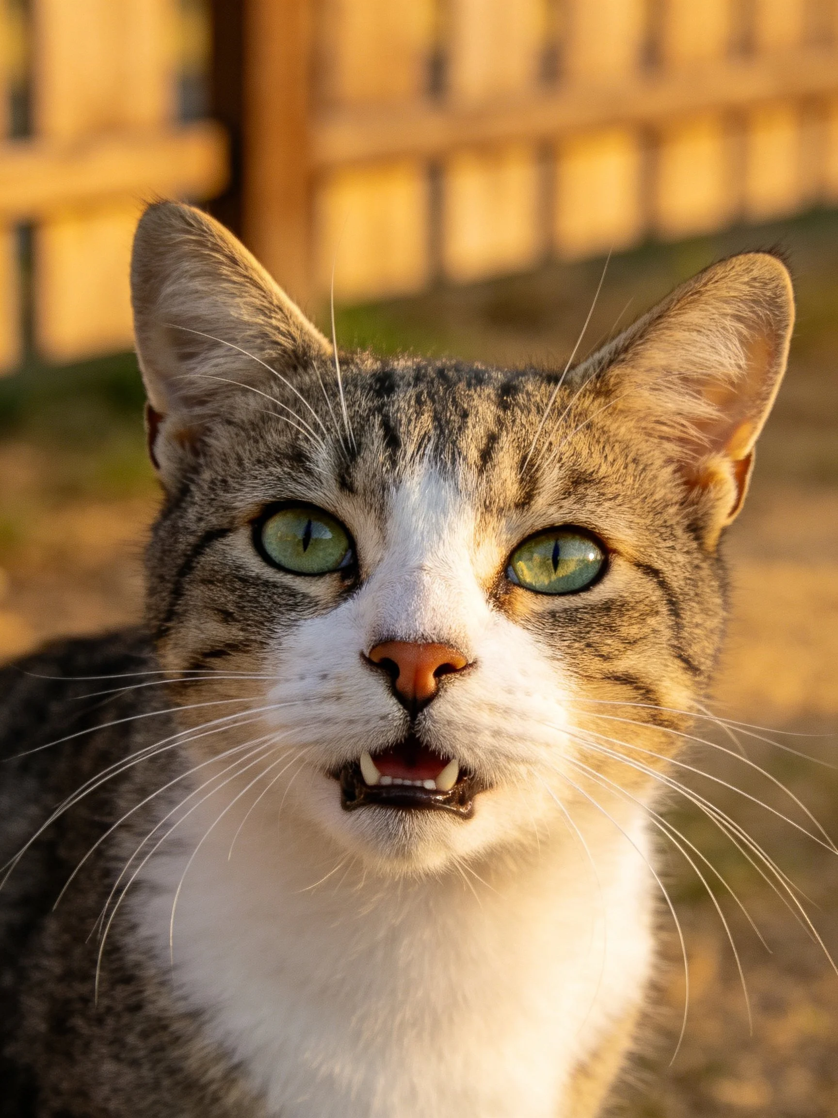 A tabby and white cat with green eyes stands outdoors beside a wooden fence.