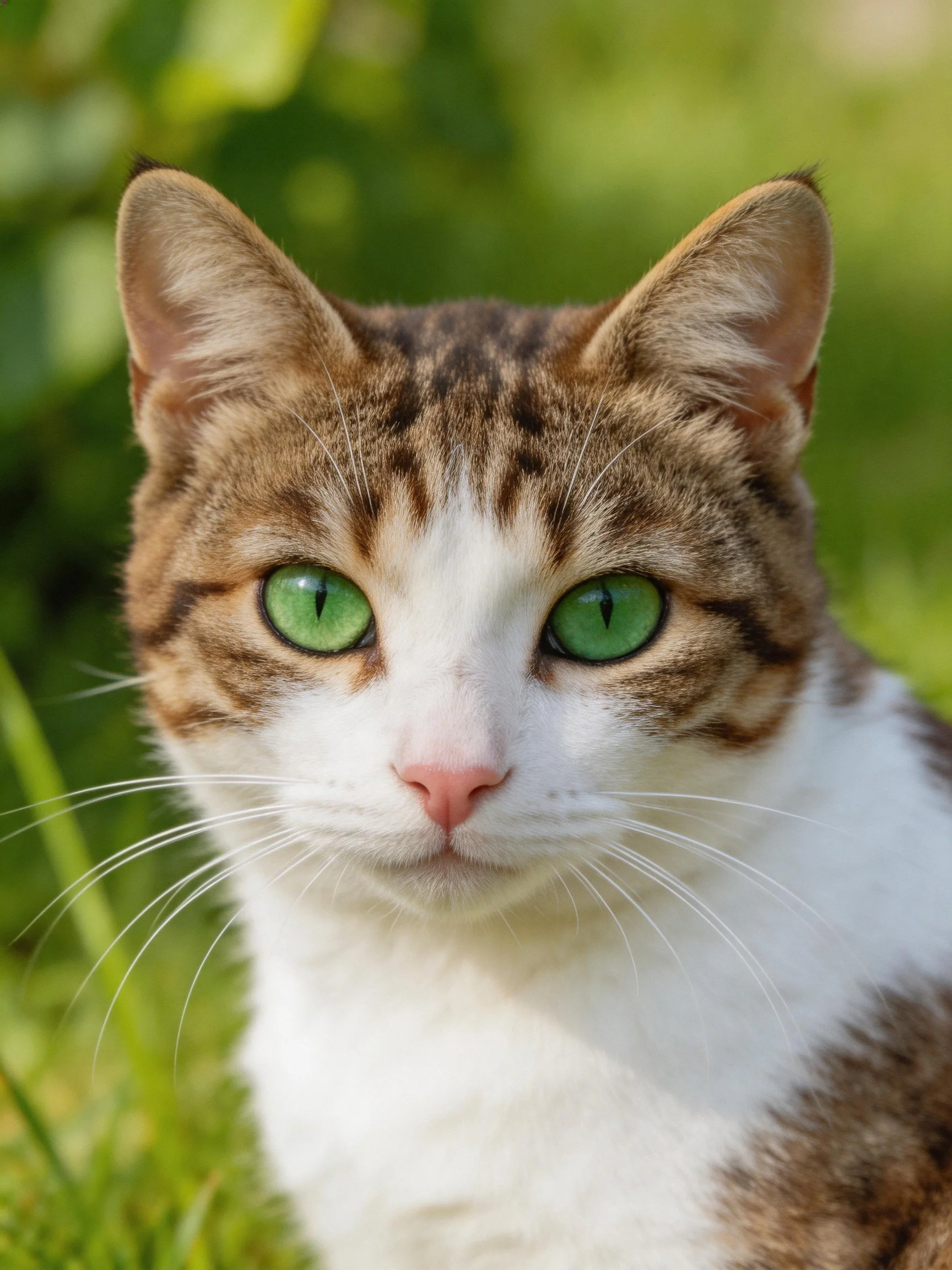 A tabby and white cat with vivid green eyes in a lush setting