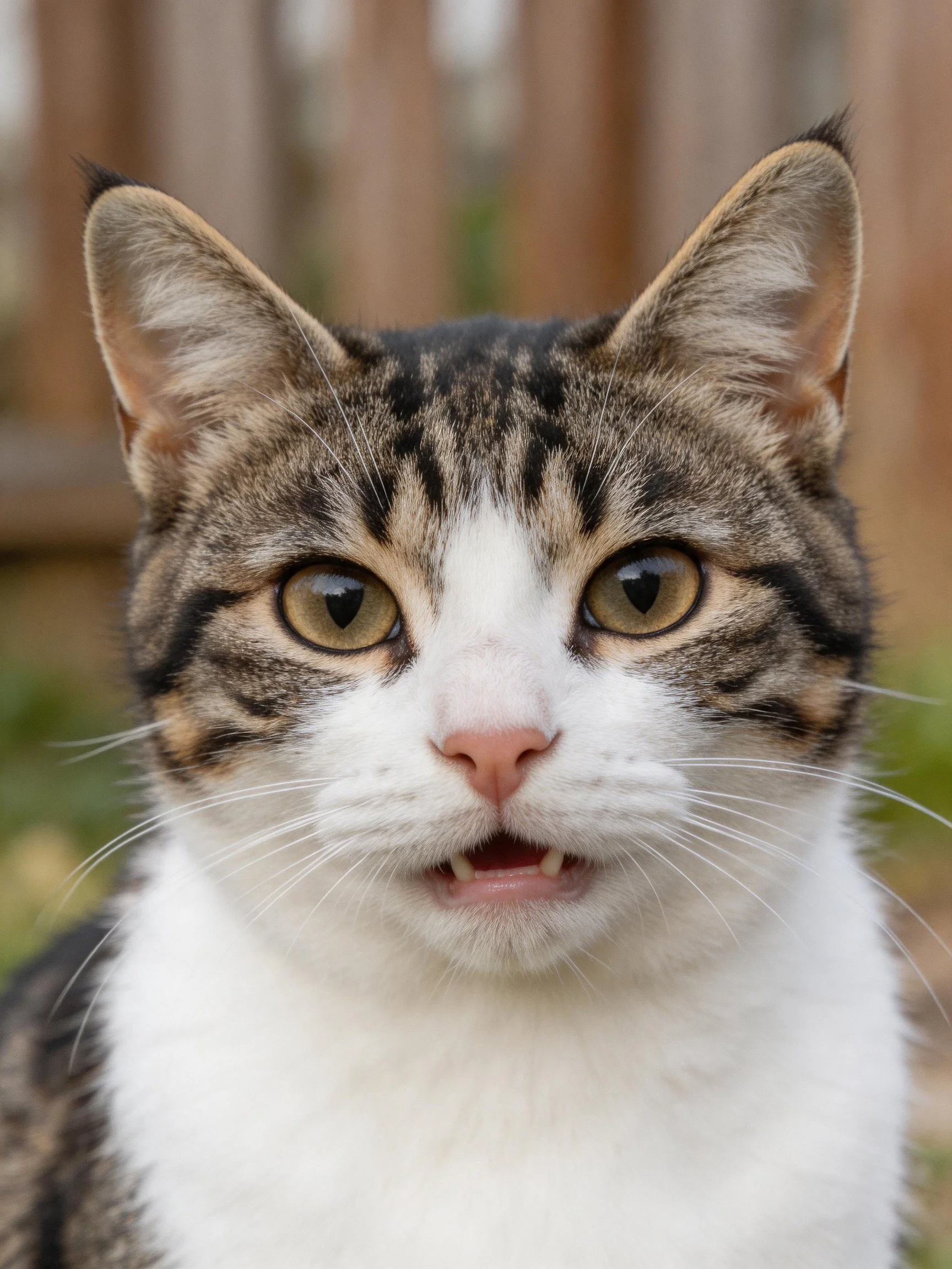 A tabby and white cat with wide eyes near a wooden fence