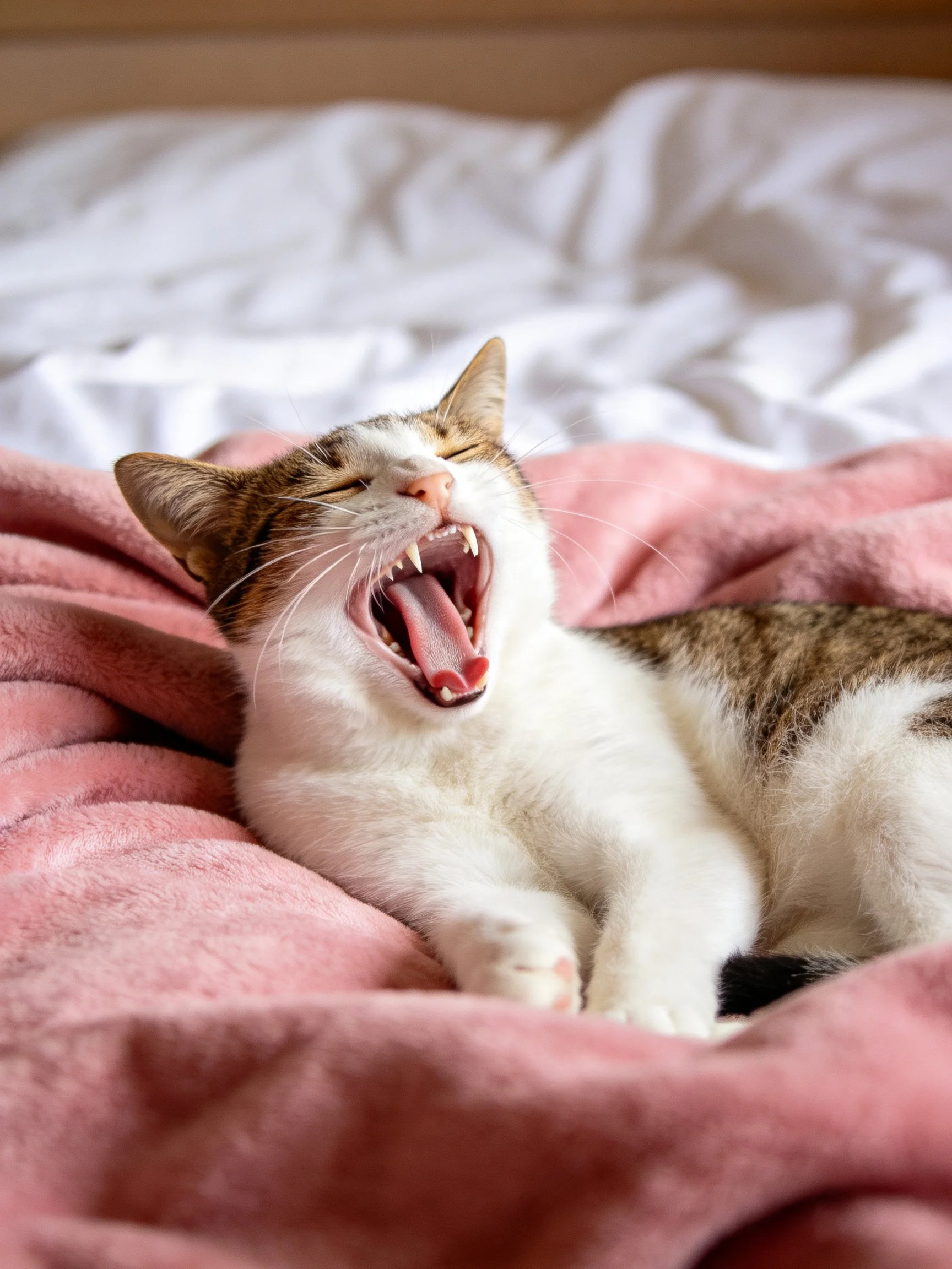 A tabby and white cat yawning on a pink blanket near white sheets