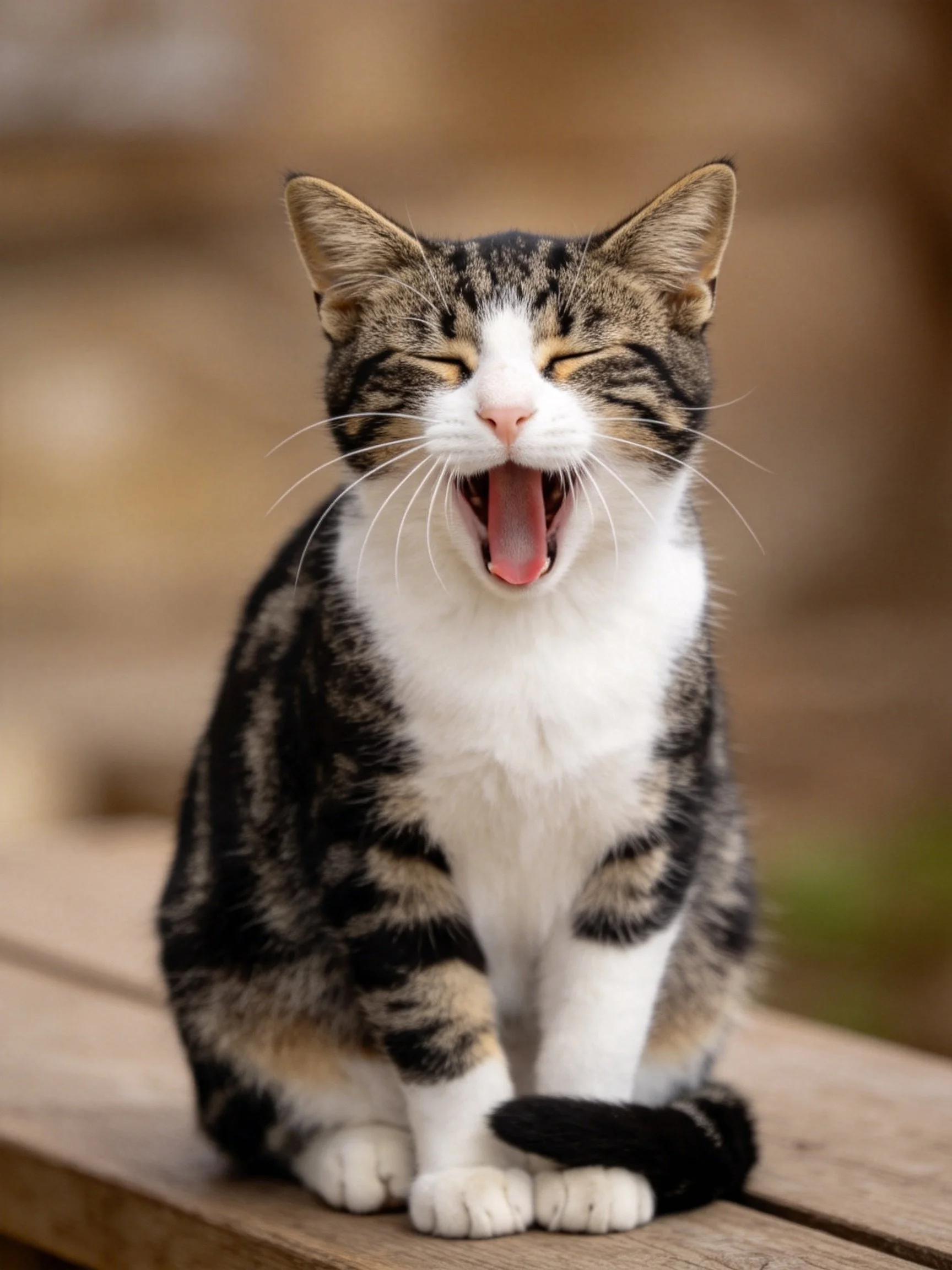 A tabby and white cat yawning on a wooden bench