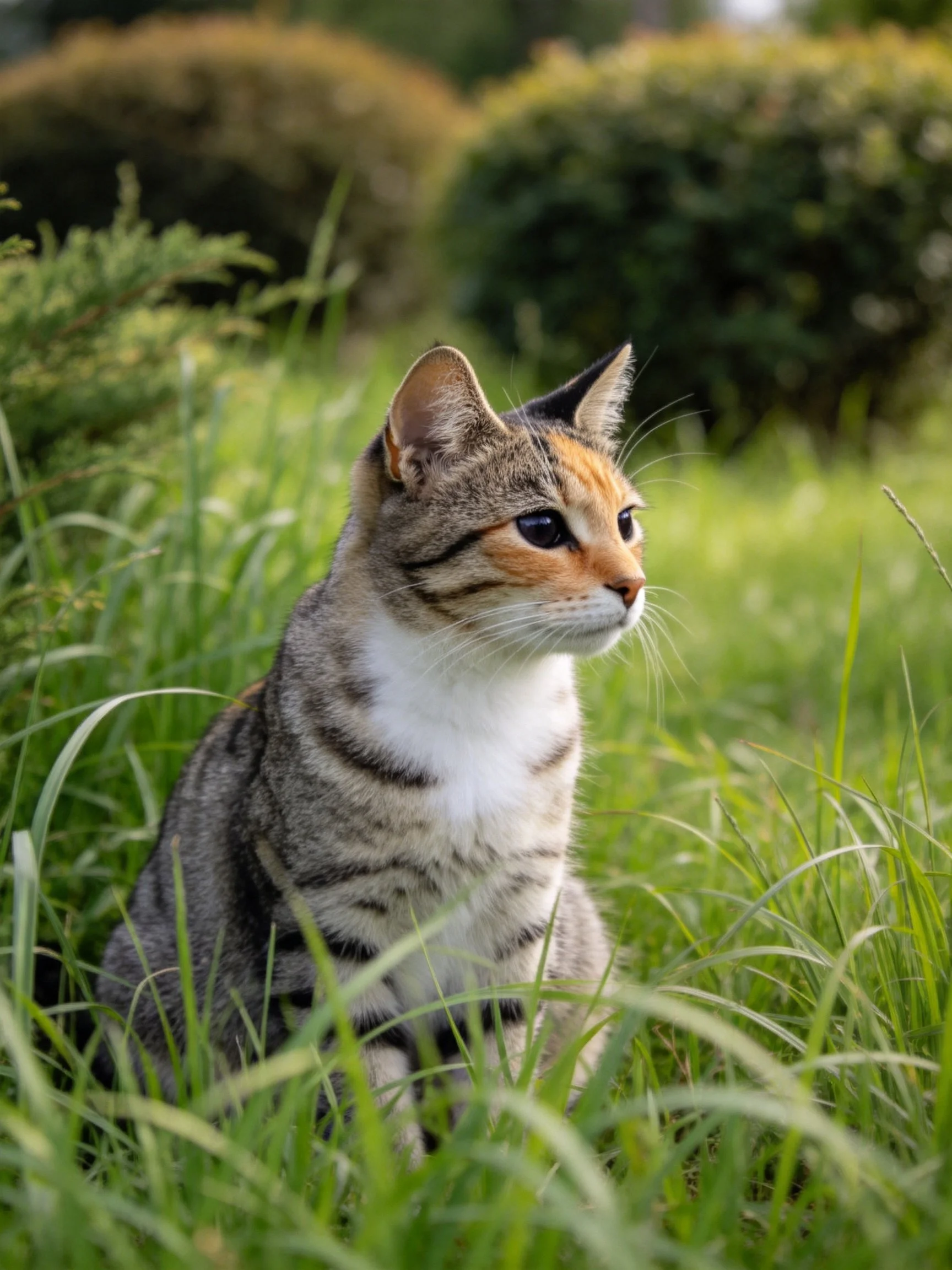 A tabby-calico cat sits peacefully in a sunlit grassy area with bushes.