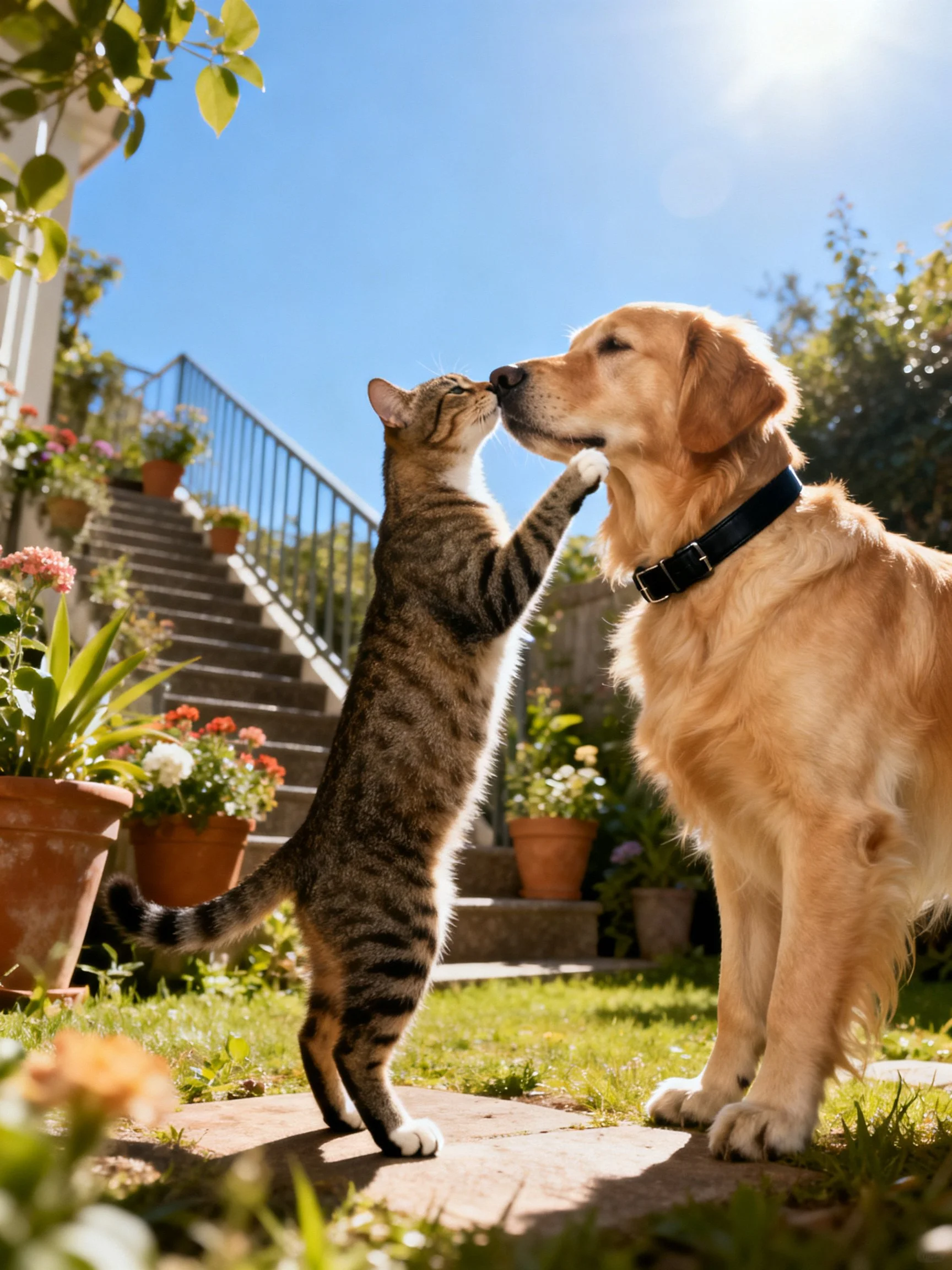 A tabby cat and golden retriever share a moment in a sunny garden