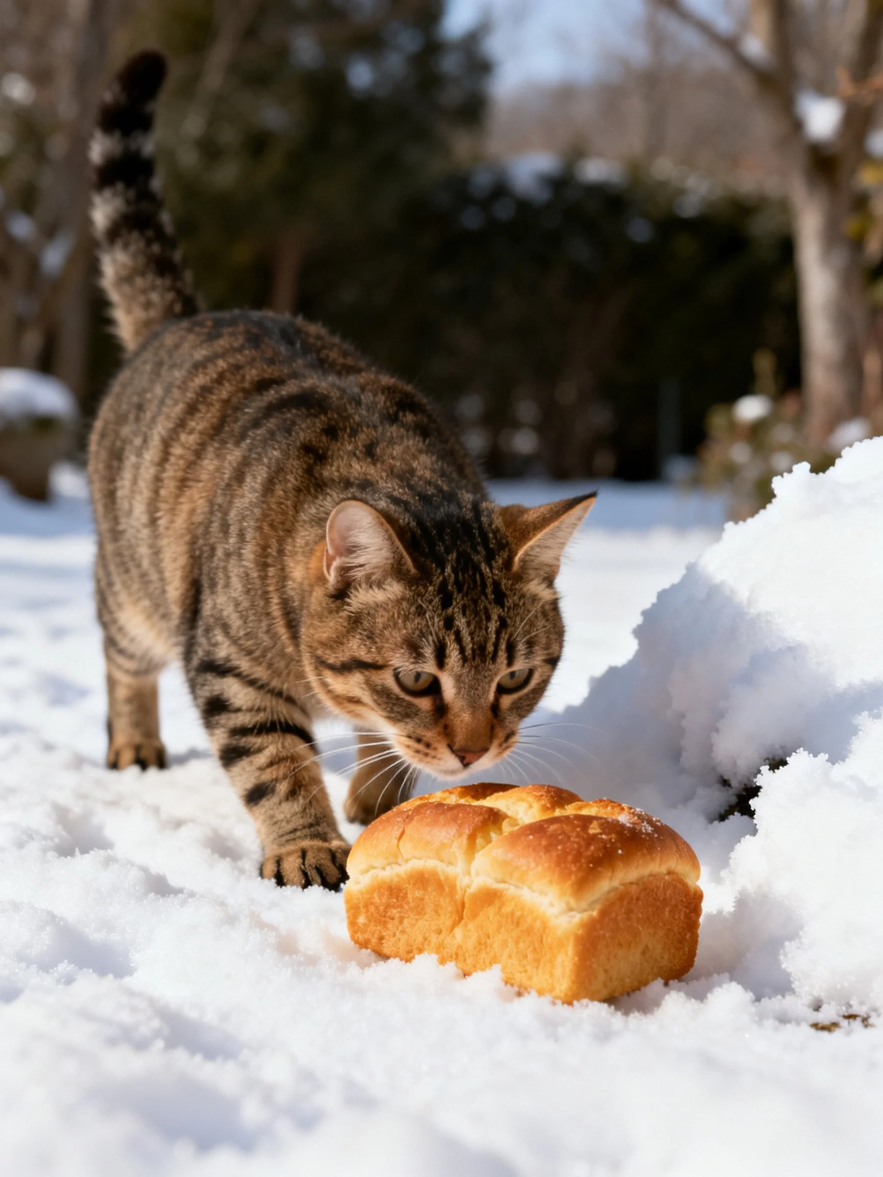 A tabby cat approaches a golden loaf in snowy landscape