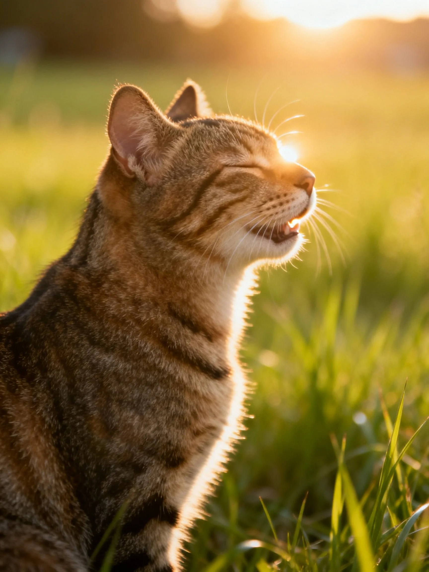 A tabby cat relaxes in green grass under golden sunlight.