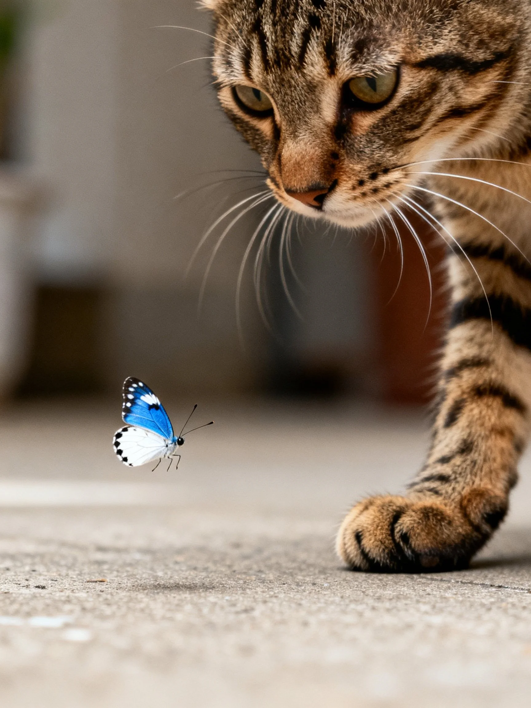 A tabby cat cautiously approaches a blue and white butterfly
