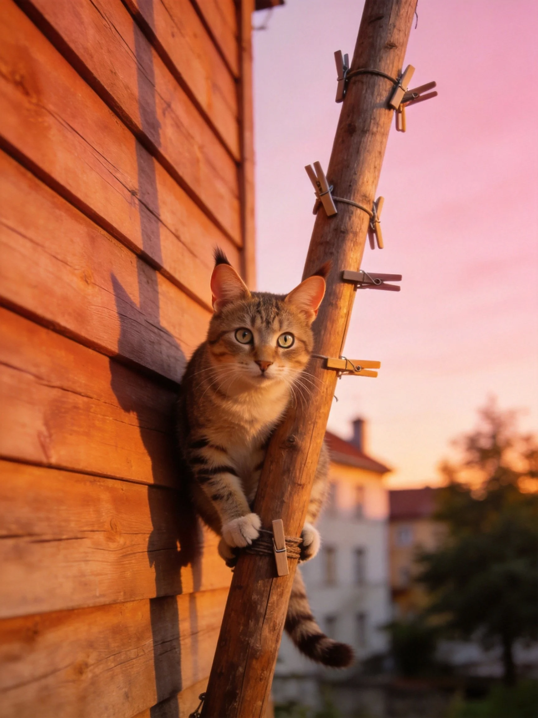 A tabby cat climbs a clothespin-filled wooden pole next to a wooden house