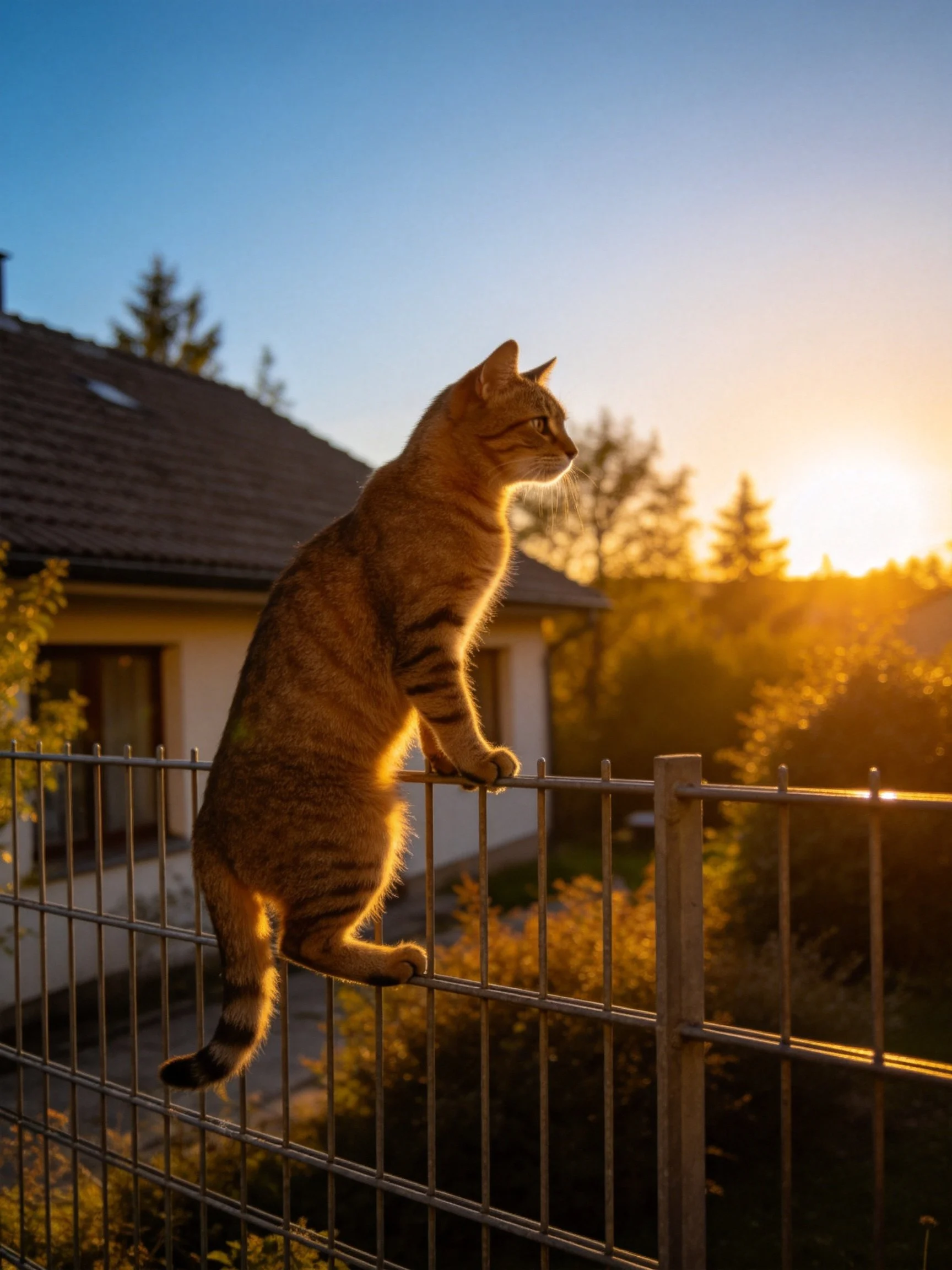 A tabby cat climbs a metal fence during golden hour