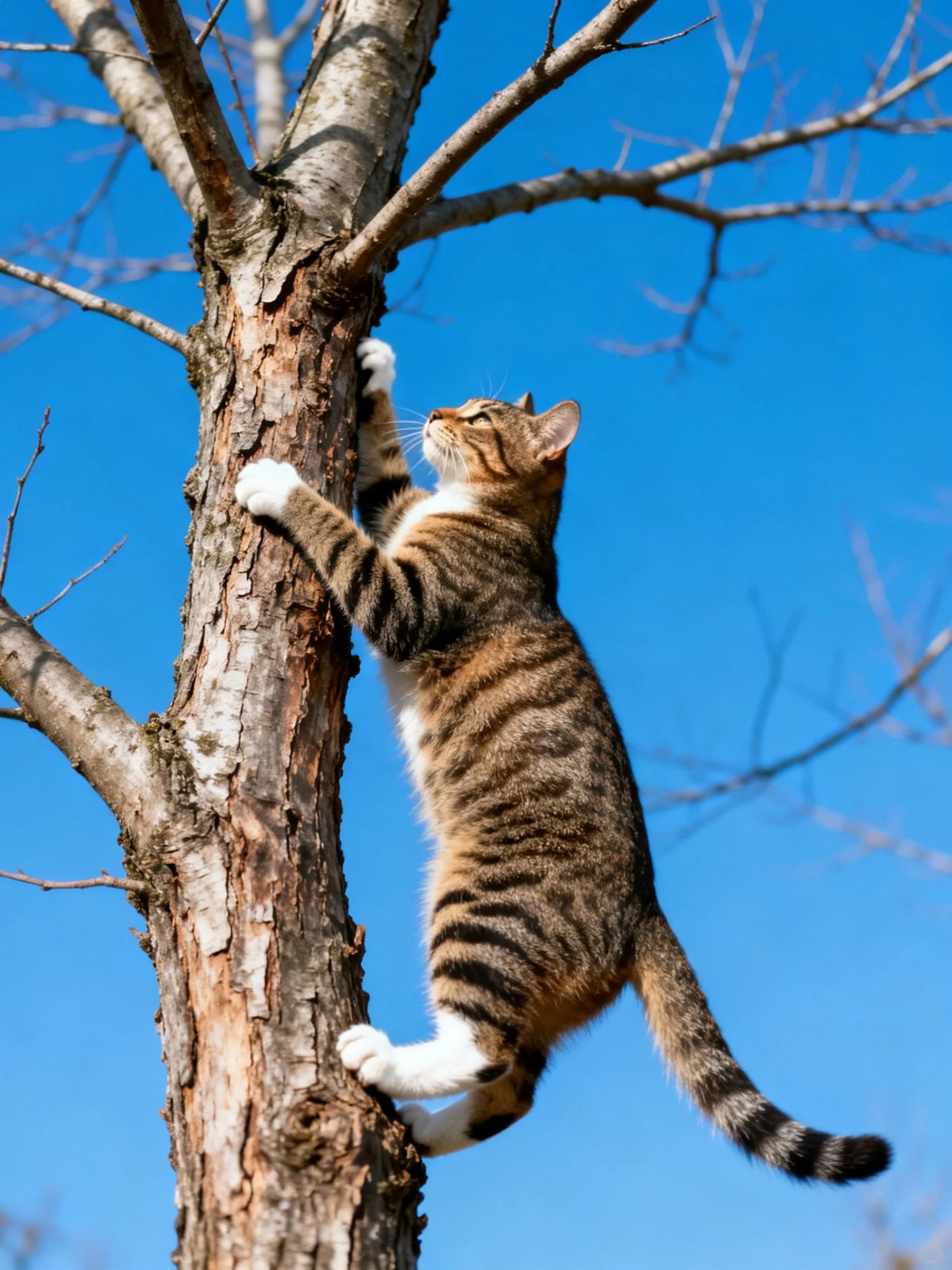A tabby cat climbs a textured tree trunk