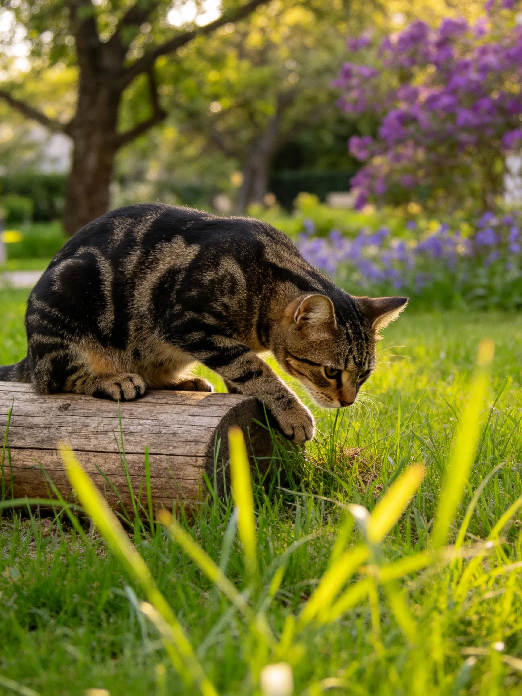 A tabby cat climbs onto a wooden log in a sun-drenched garden