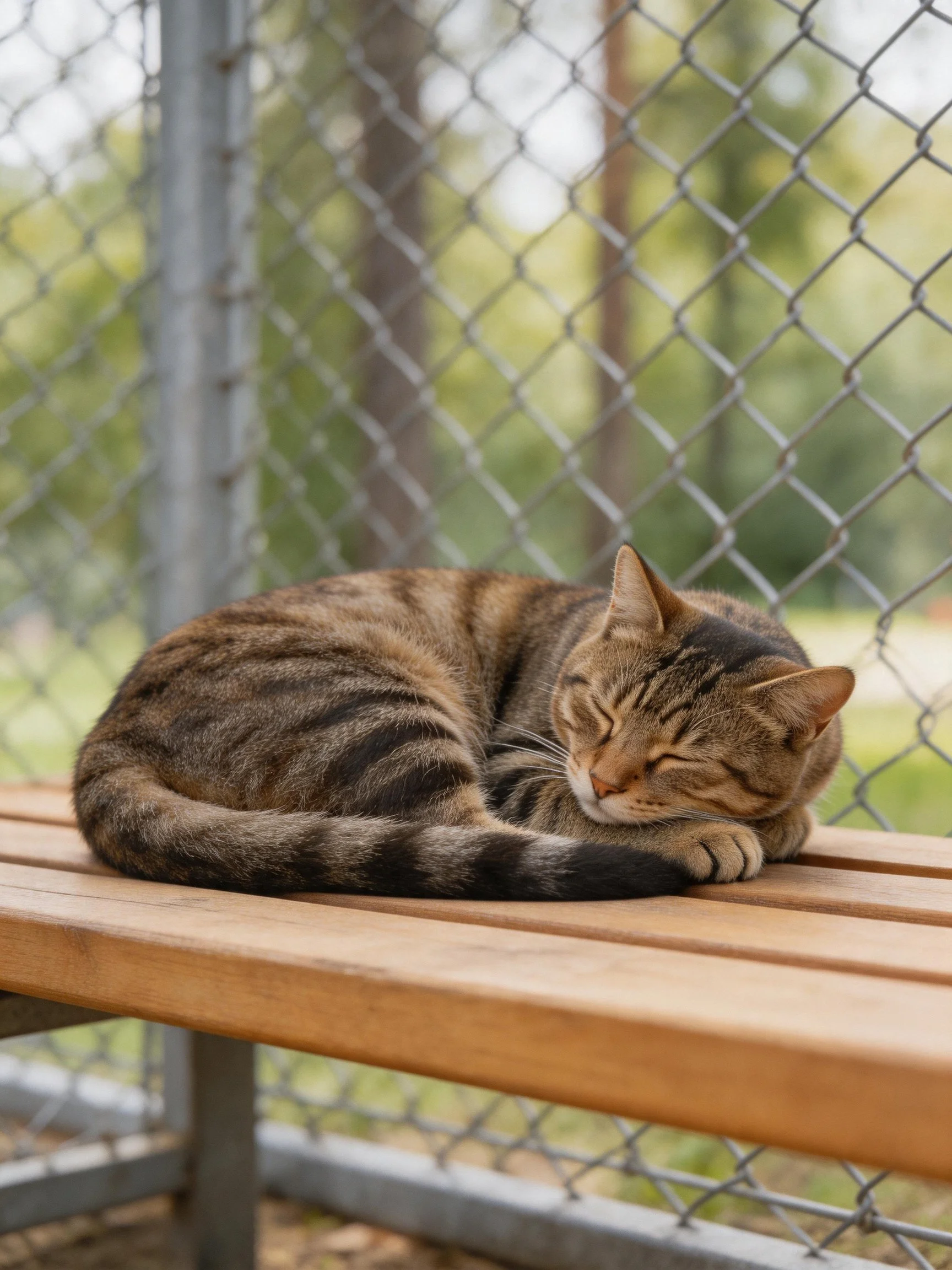 A tabby cat curls up asleep on a wooden bench by a chain-link fence