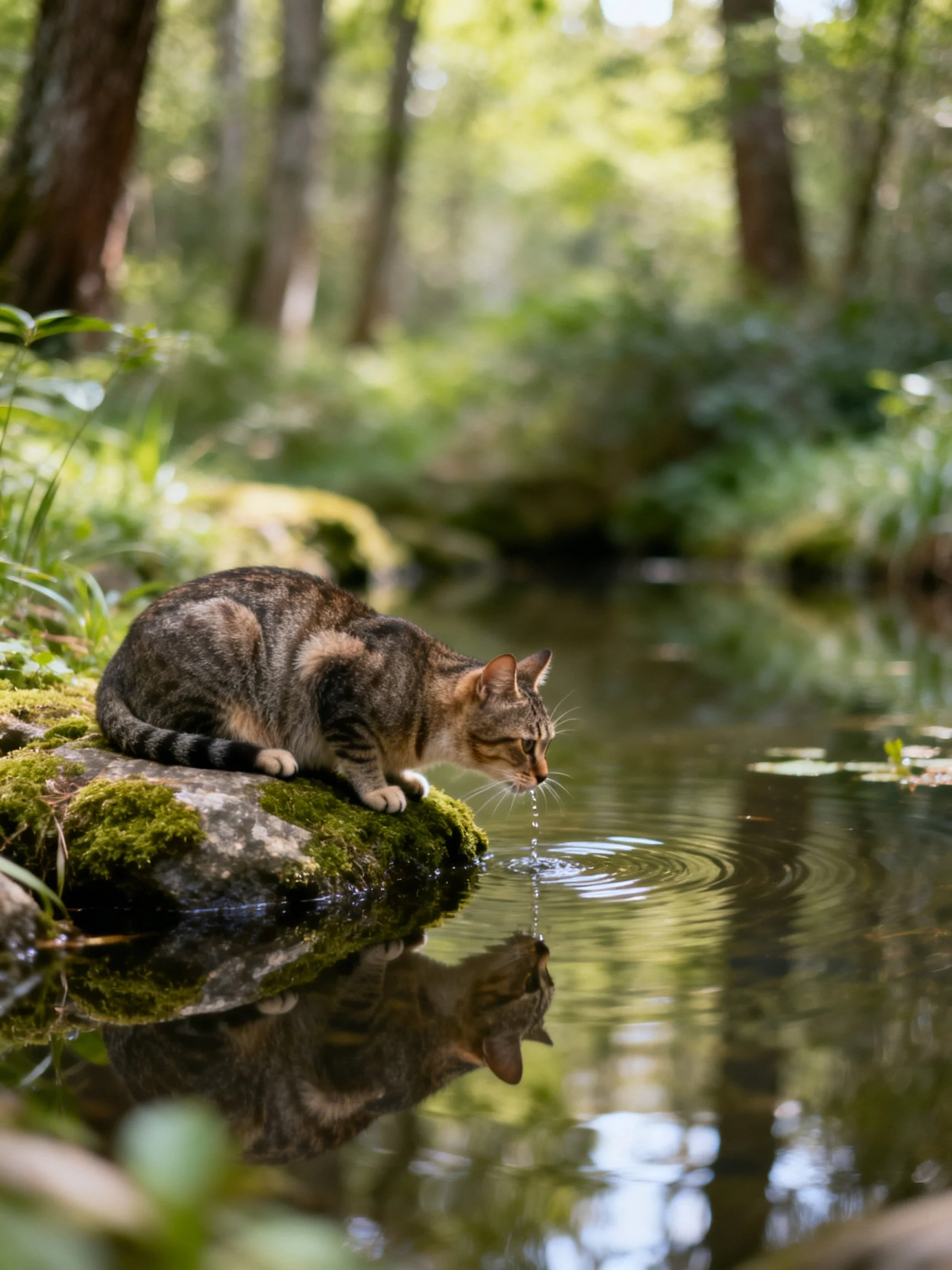 A tabby cat drinks from a moss-covered rock by a forest stream