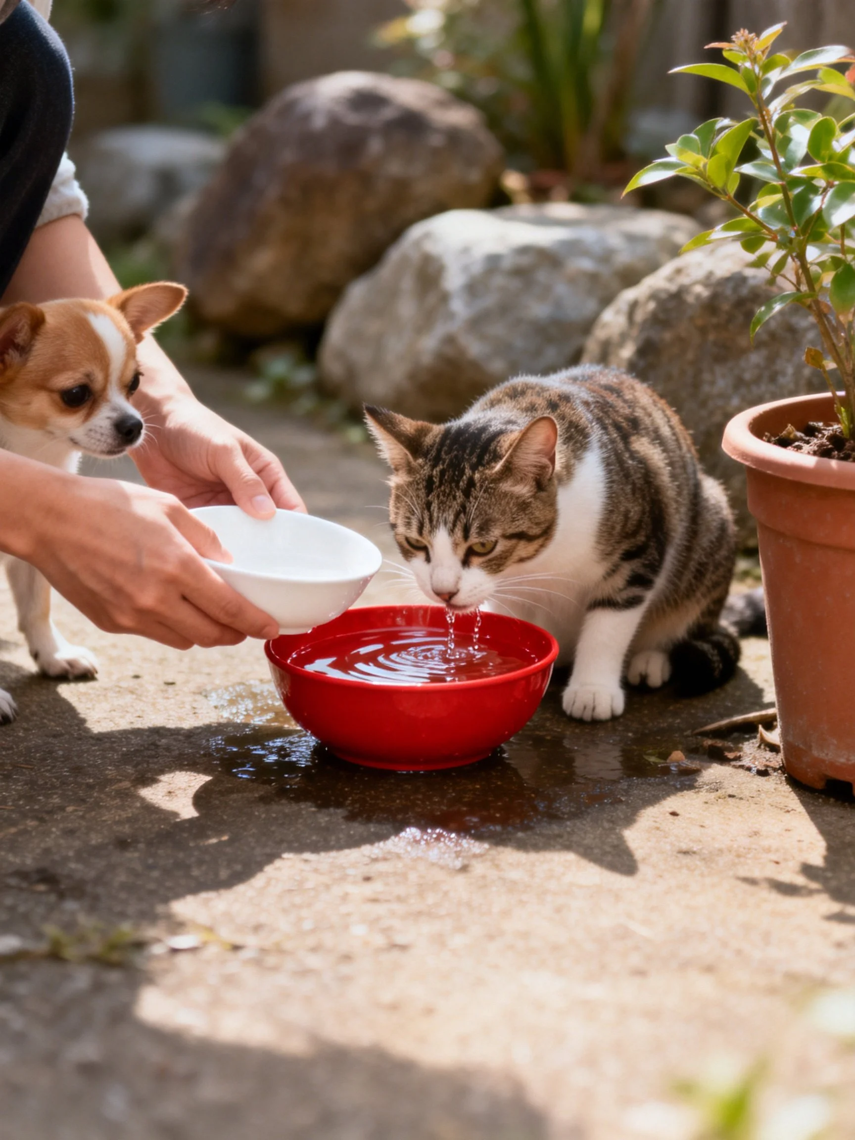 A tabby cat drinks from a red bowl near a curious chihuahua