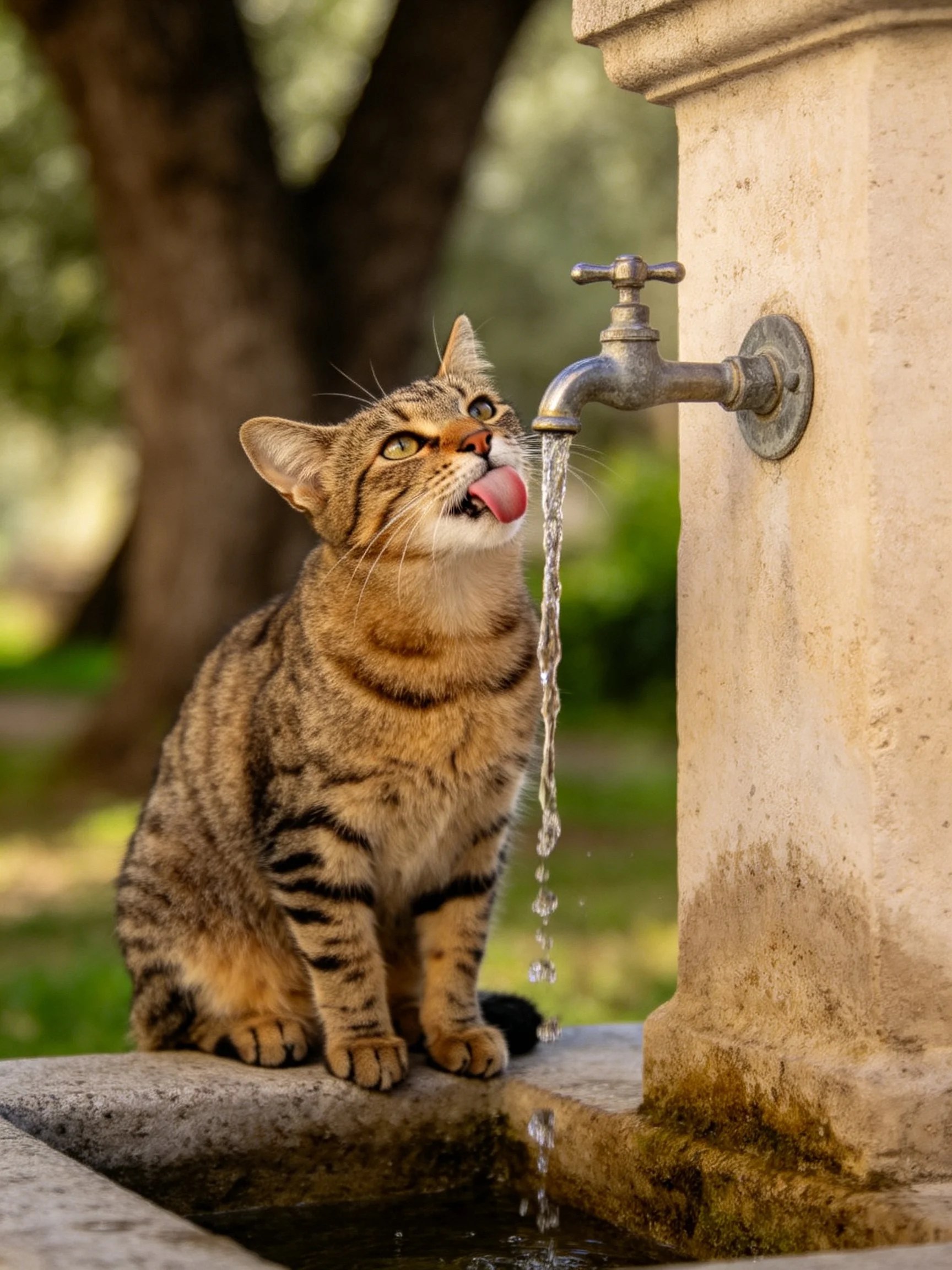 A tabby cat drinks water from an outdoor stone fountain