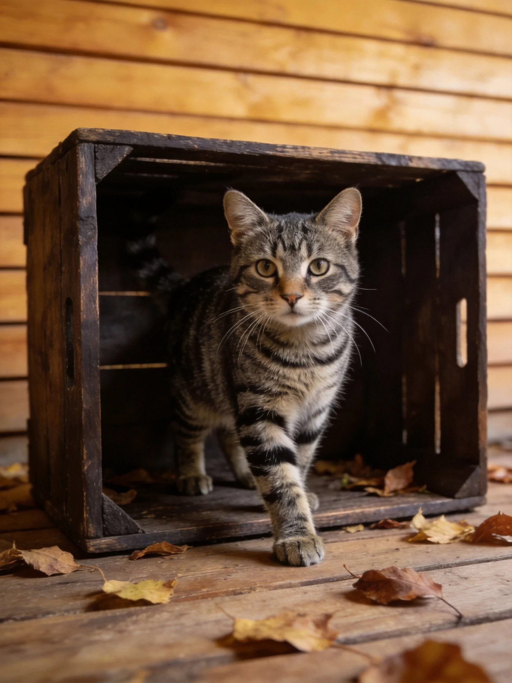A tabby cat steps out of a wooden crate surrounded by fallen autumn leaves.