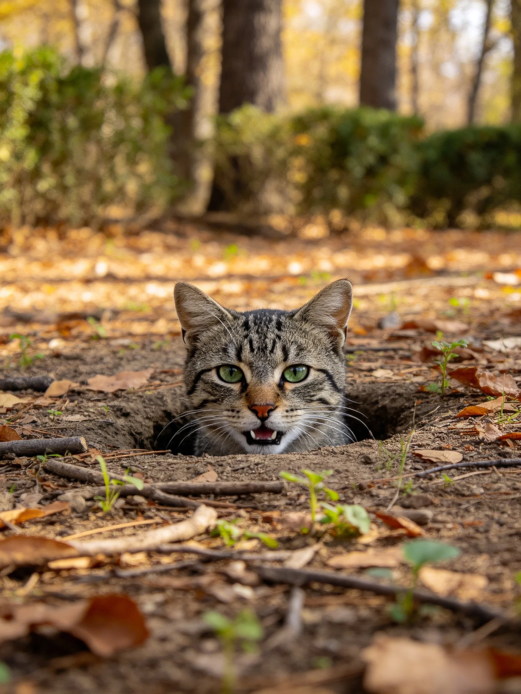 A tabby cat peeks out of a dirt hole surrounded by autumn foliage and woods.