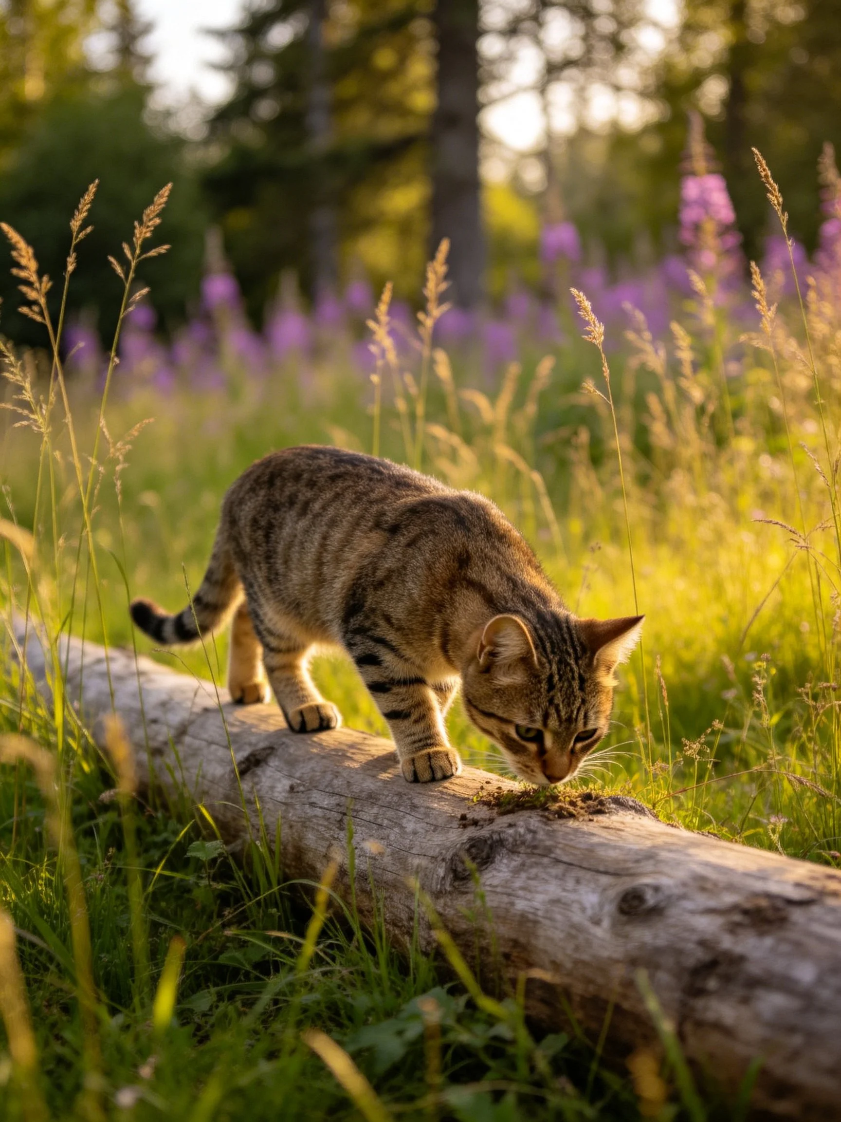 A tabby cat explores a fallen log in a sunlit meadow