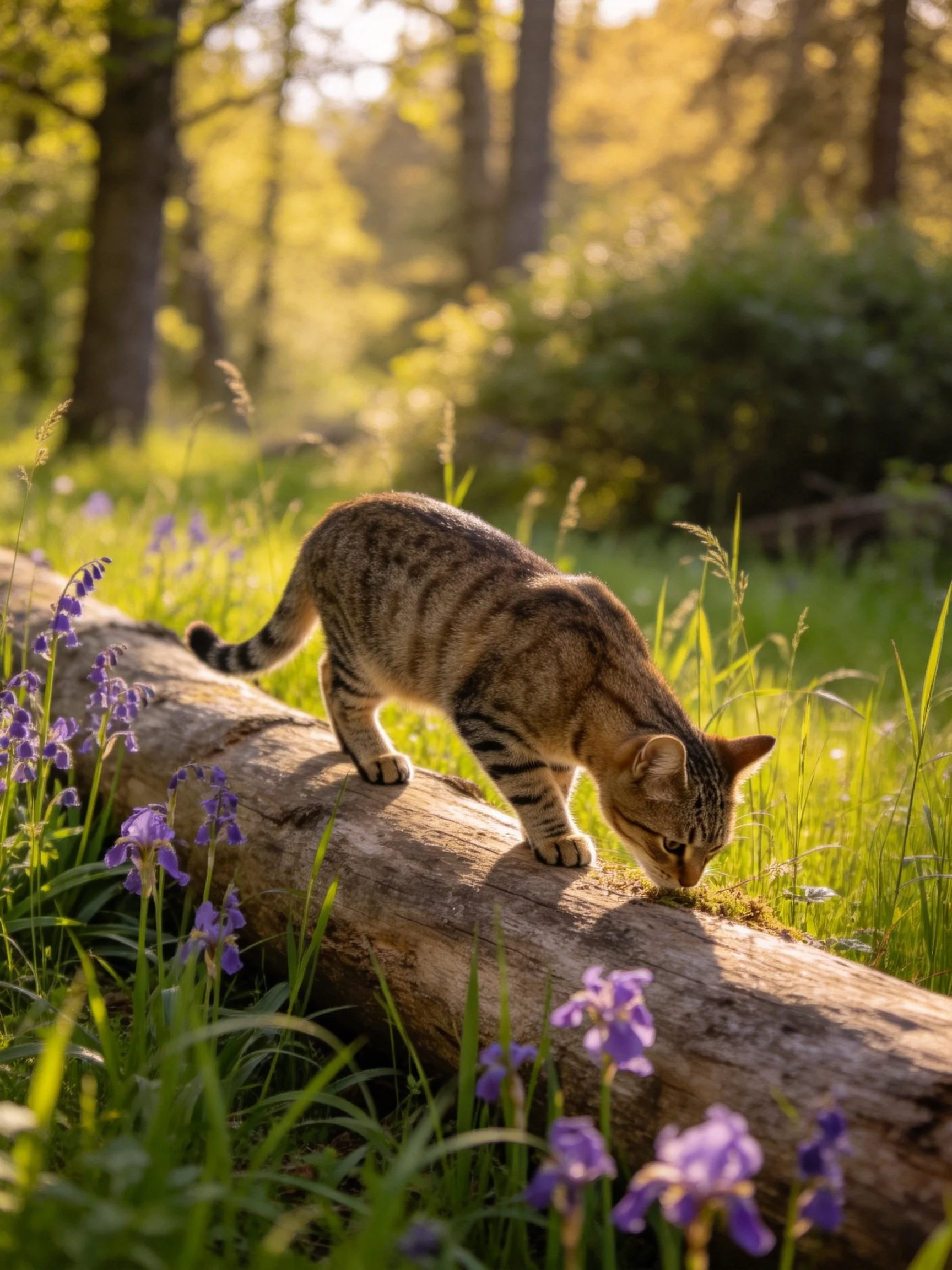 A tabby cat explores a mossy log amid wildflowers