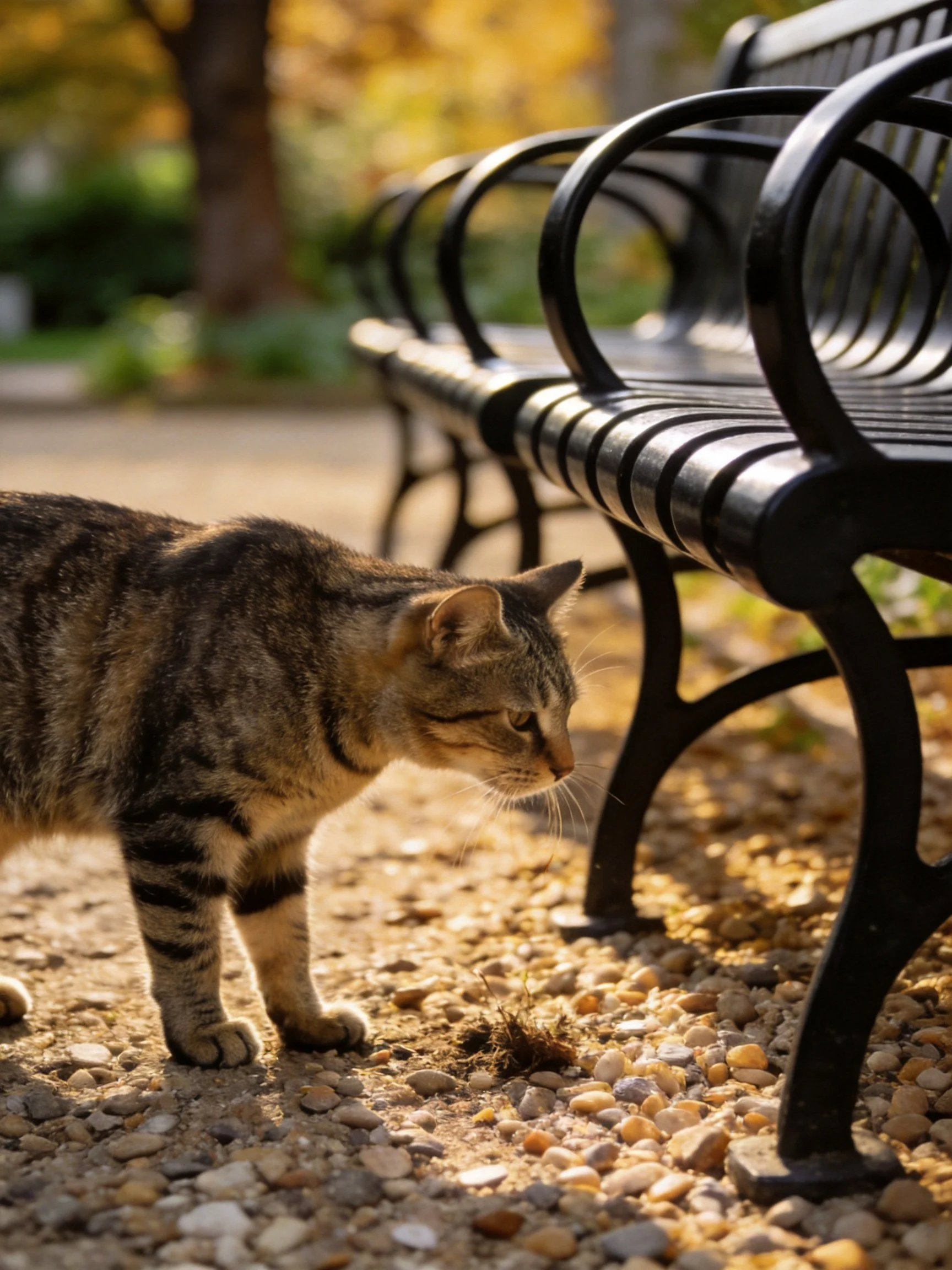 A tabby cat explores a sunlit park path beside black metal benches