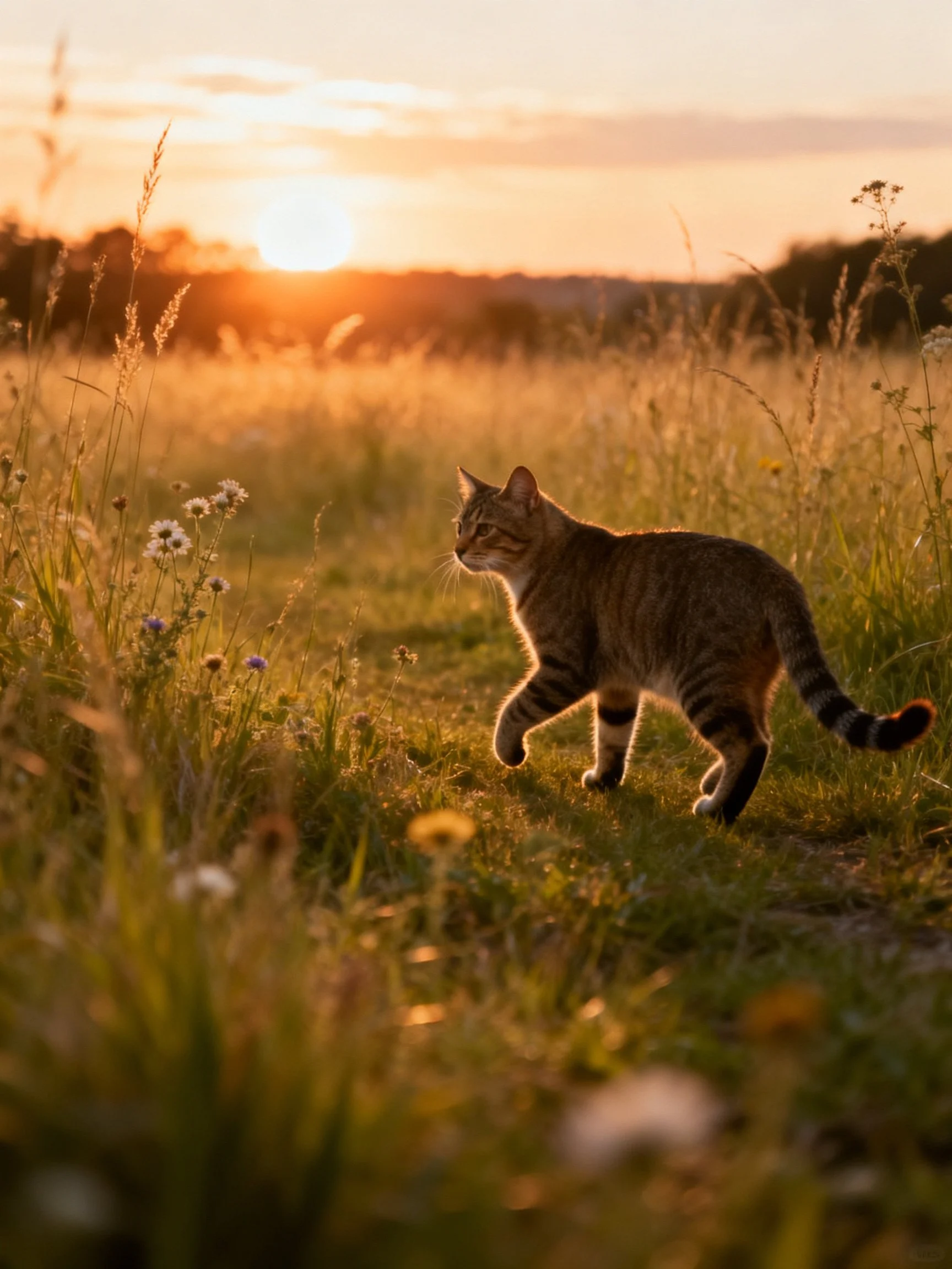 A tabby cat explores golden meadow at sunset
