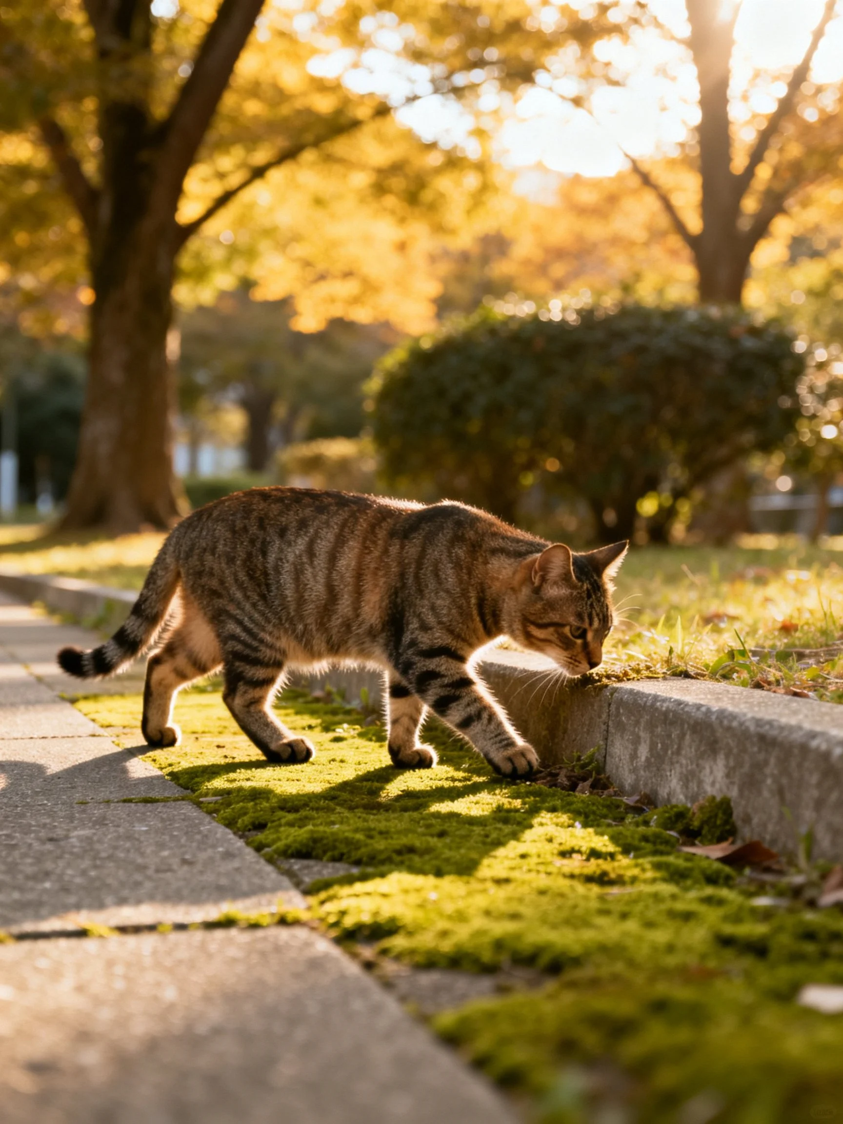 A tabby cat explores mossy curb in golden park light