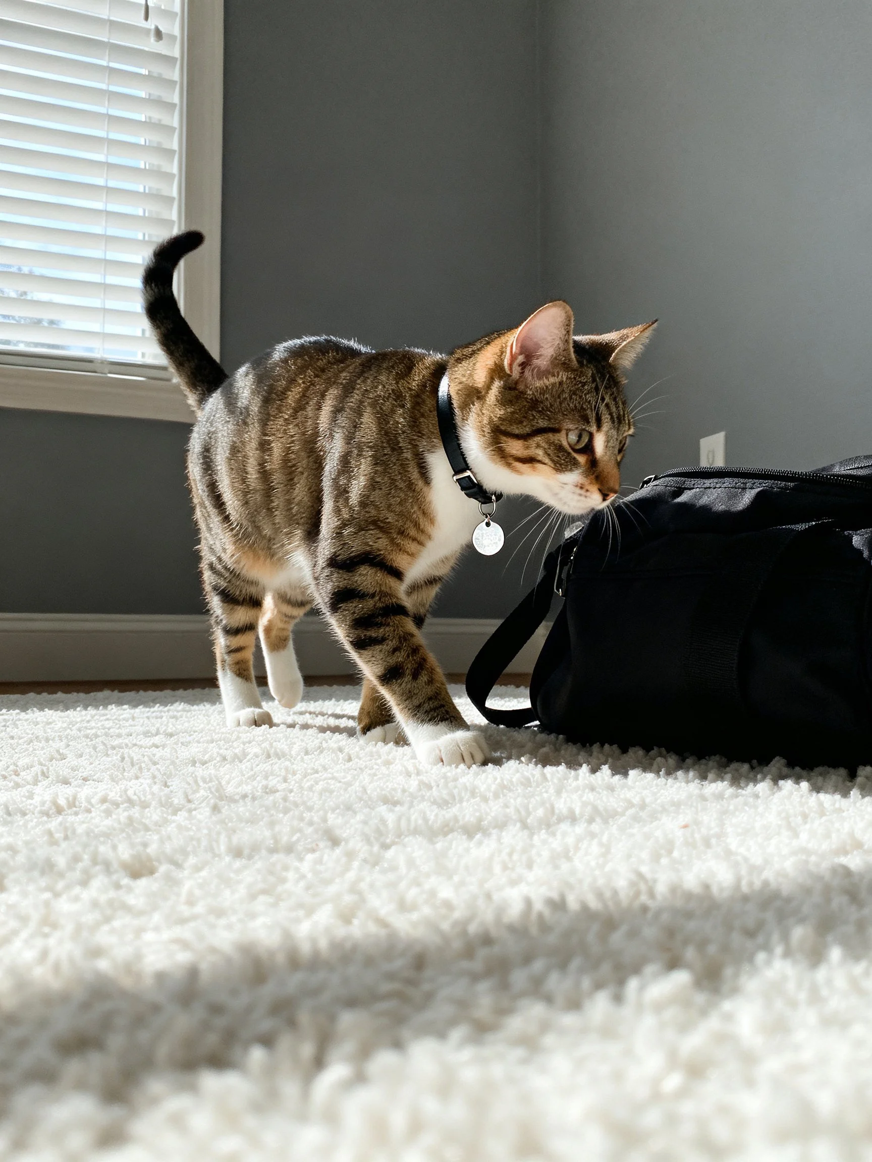 A tabby cat explores near a black bag on a white carpet