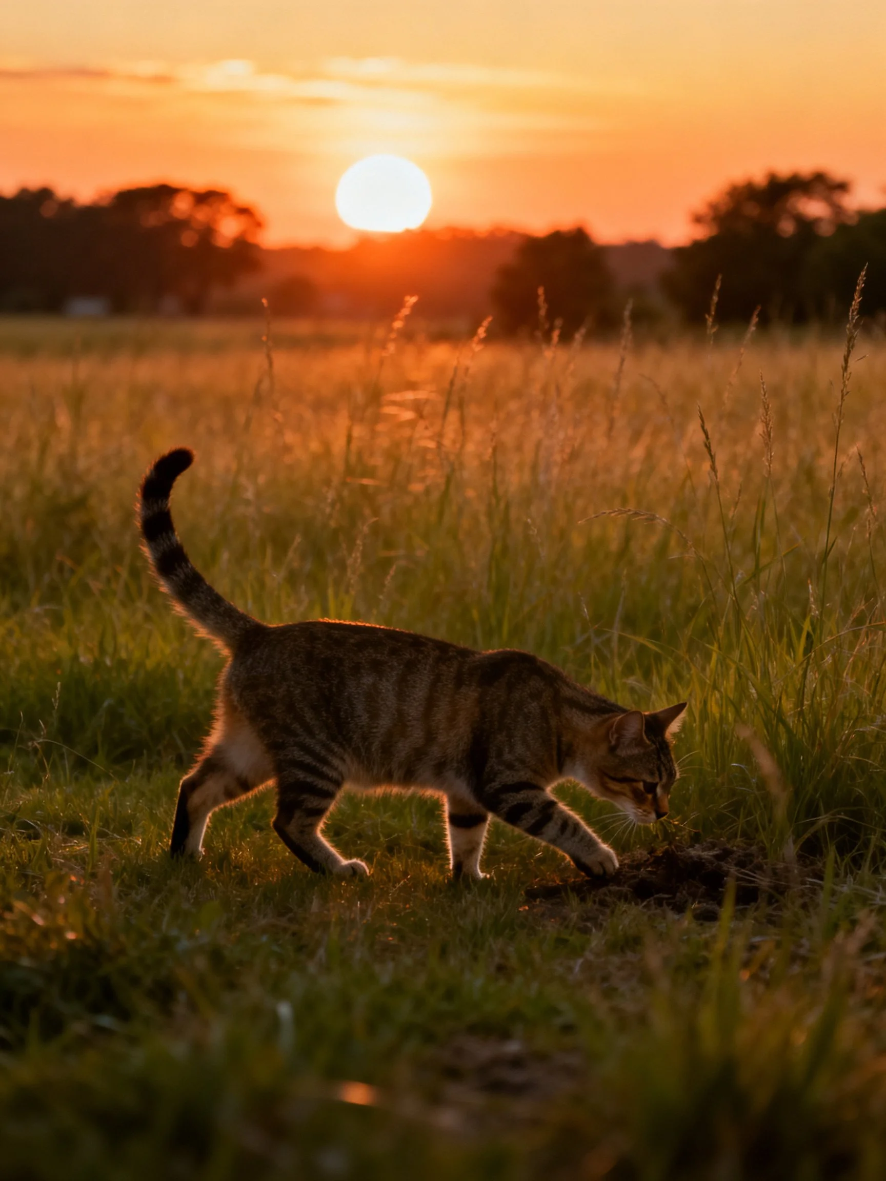 A tabby cat forages in a sunlit grassy field at sunset
