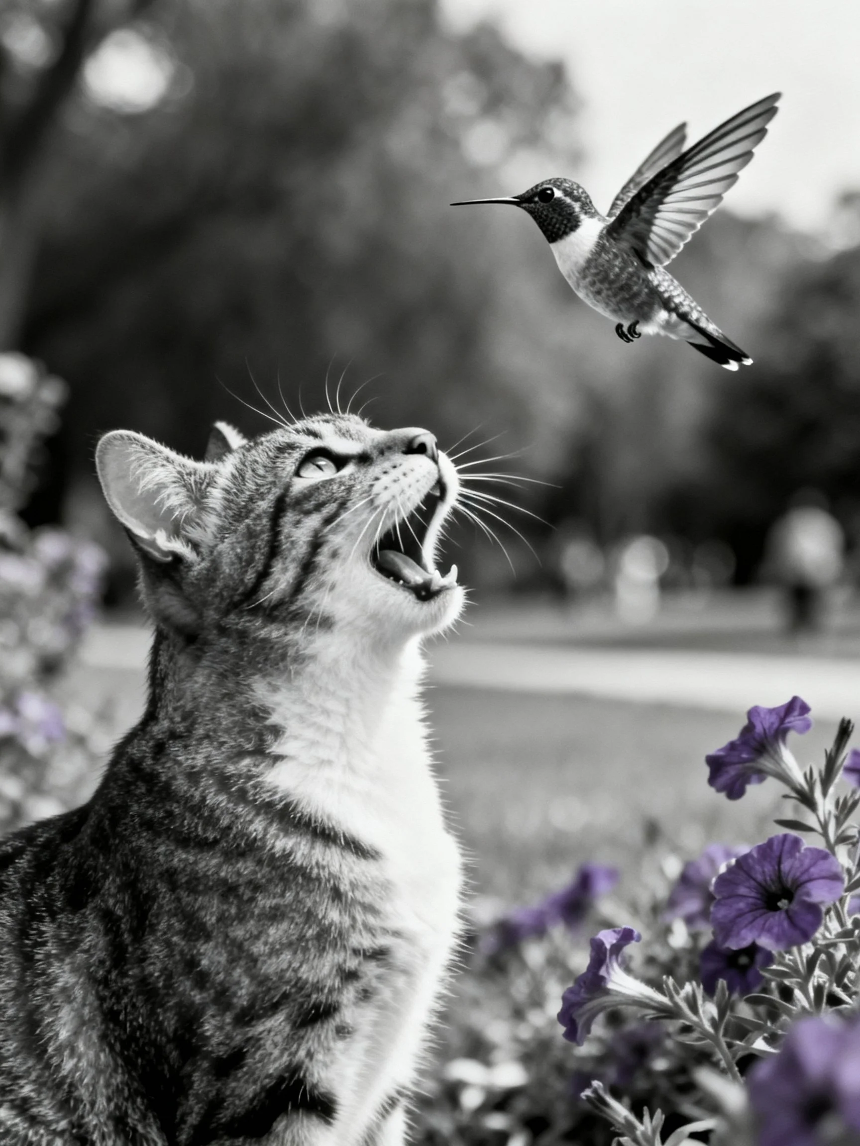 A tabby cat gazes at a hummingbird near purple flowers