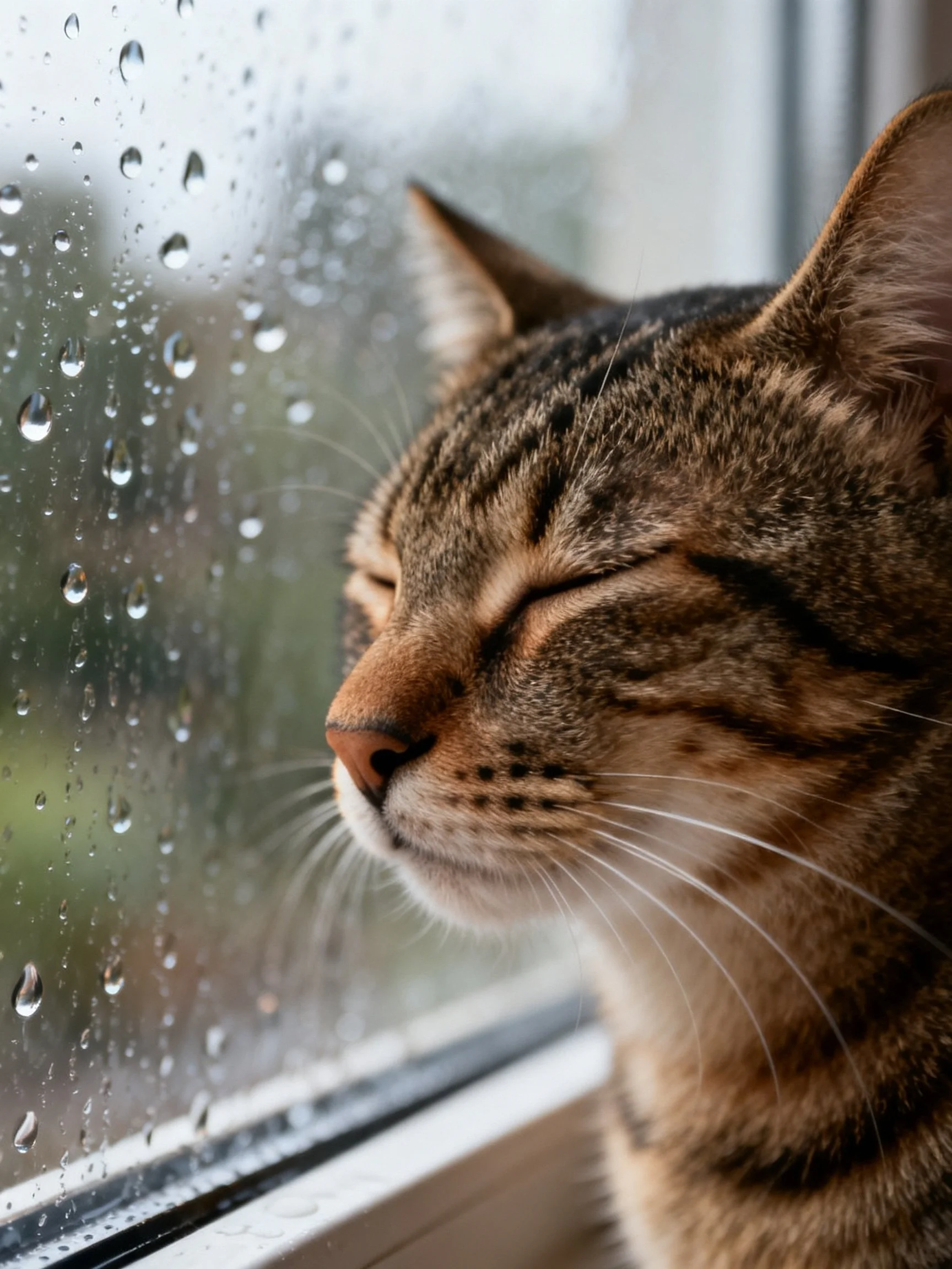 A tabby cat gazes out a rain-speckled window