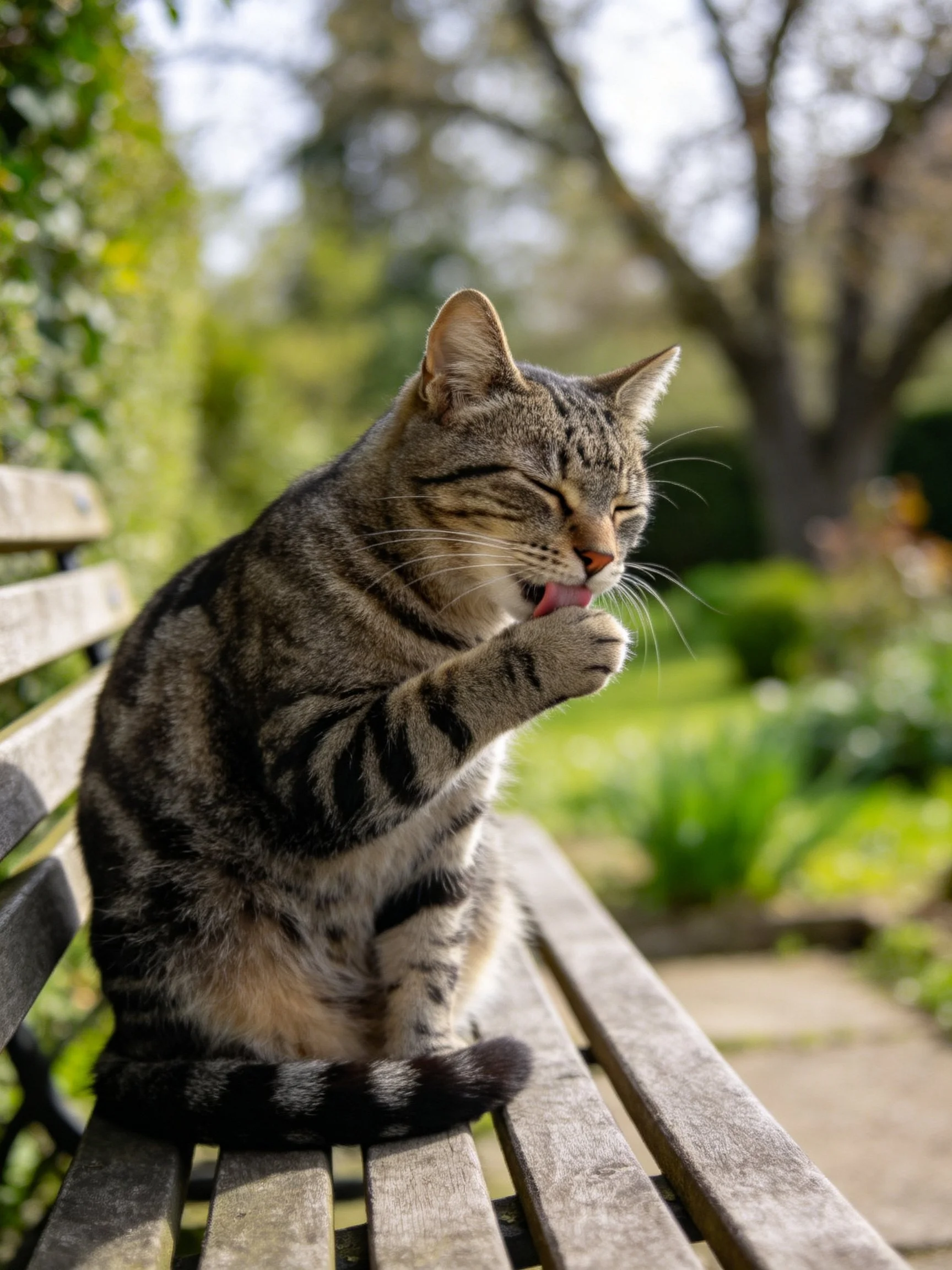 A tabby cat grooming itself on a weathered wooden bench in a lush garden