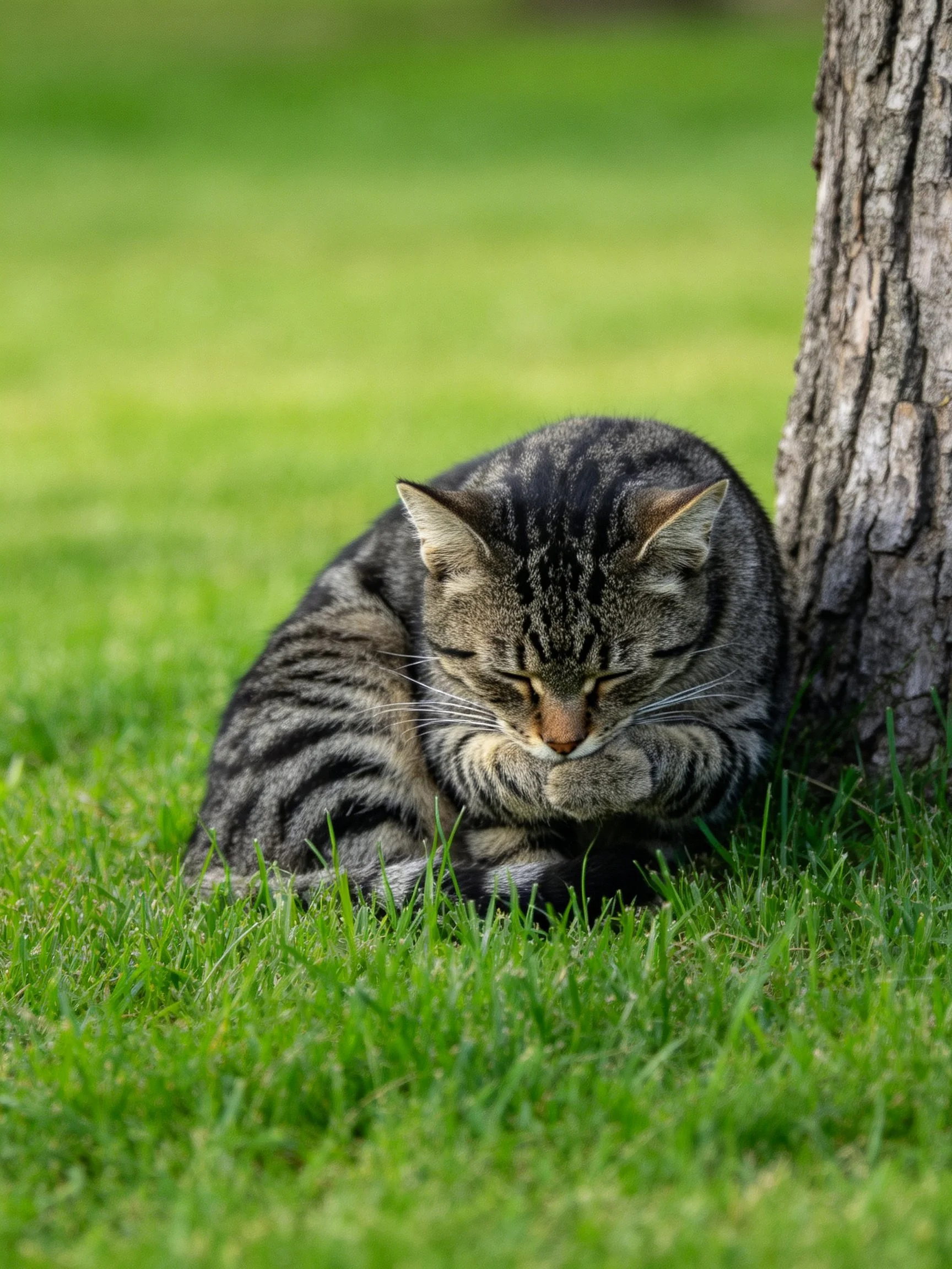 A tabby cat grooms beside a tree on green grass