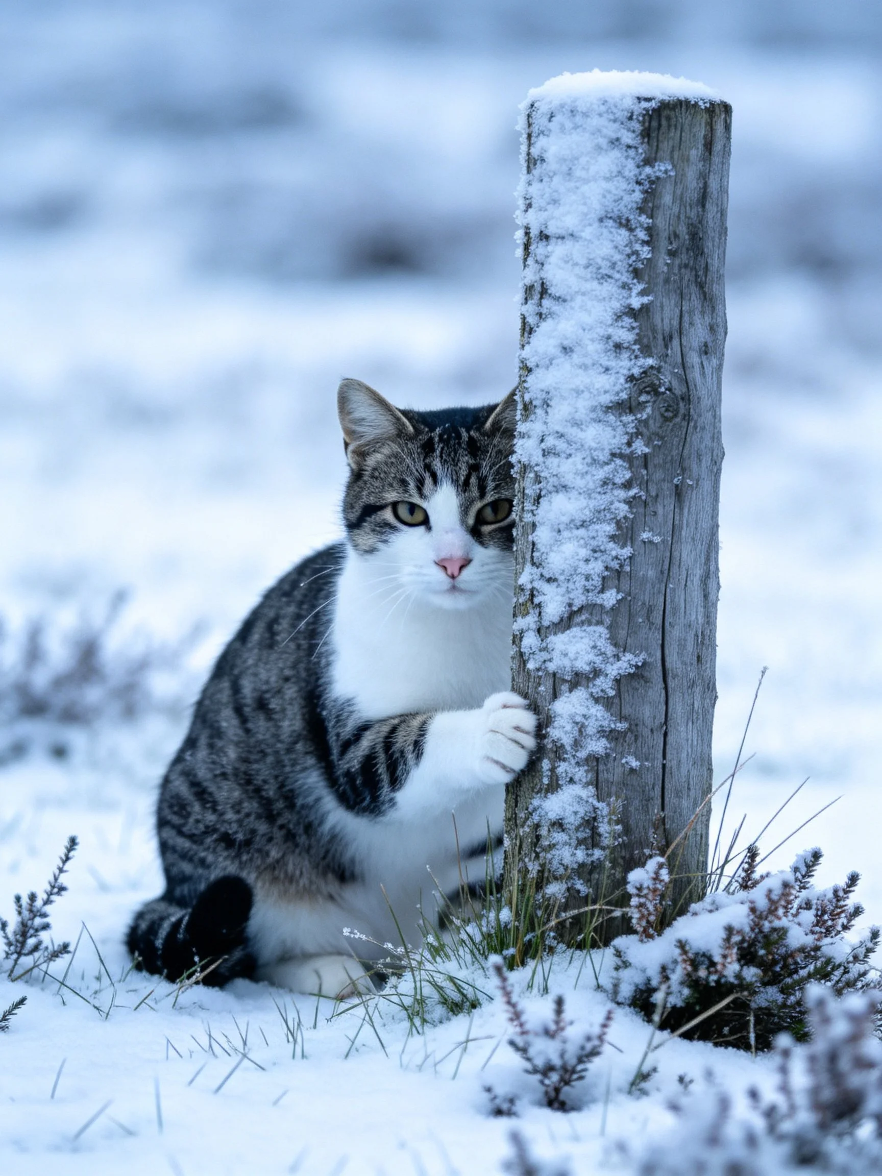 A tabby cat hides behind a snow-dusted wooden post in a wintry landscape.
