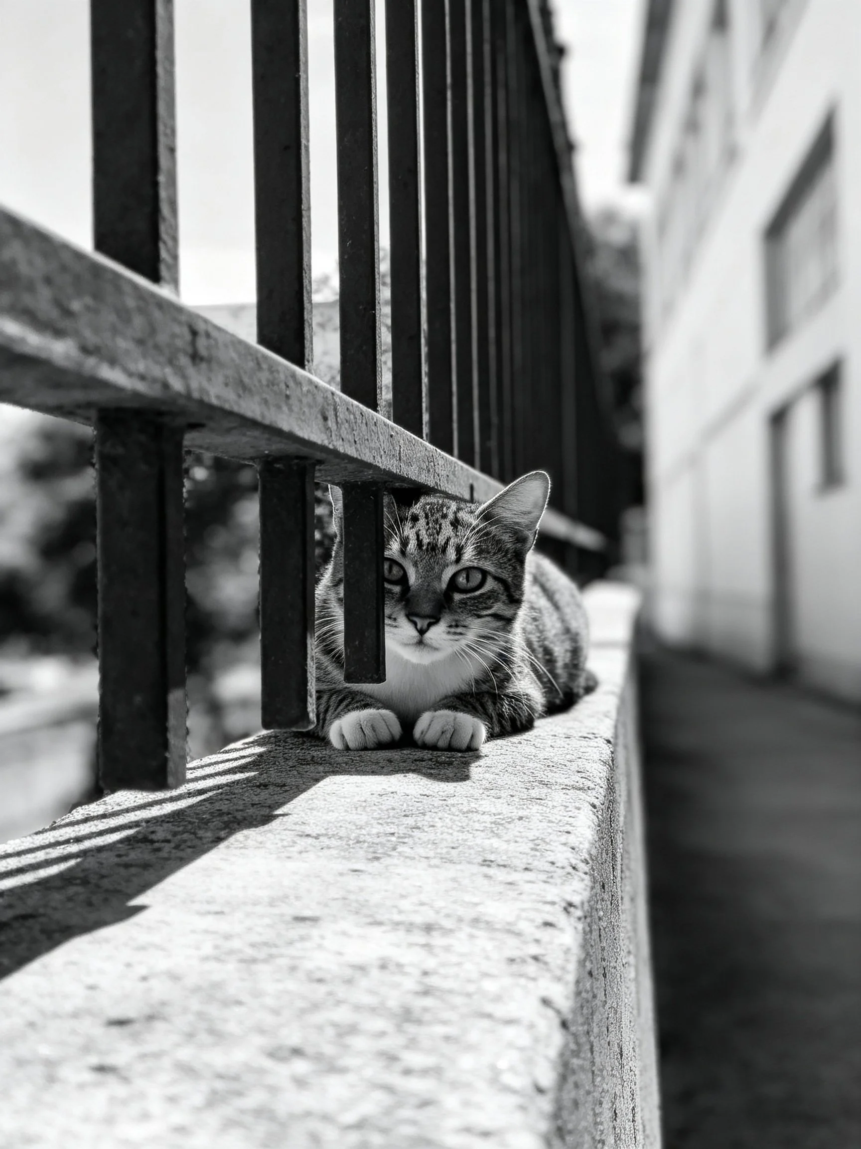 A tabby cat hides behind metal bars on a concrete ledge