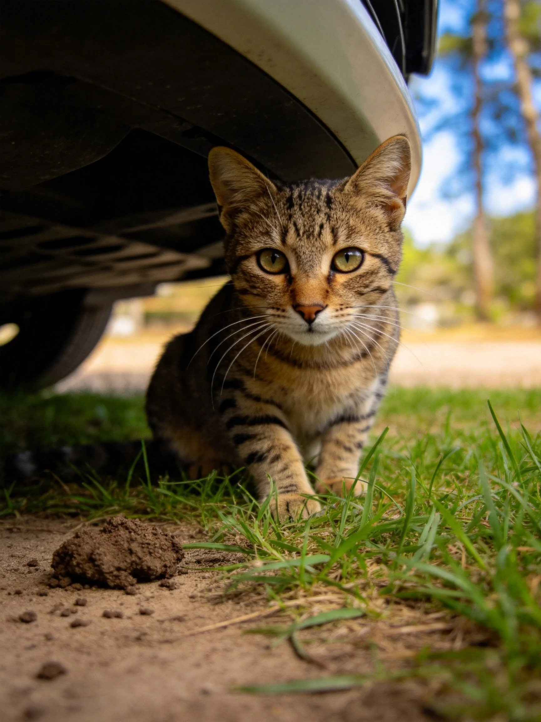 A tabby cat hides under a white vehicle near green grass