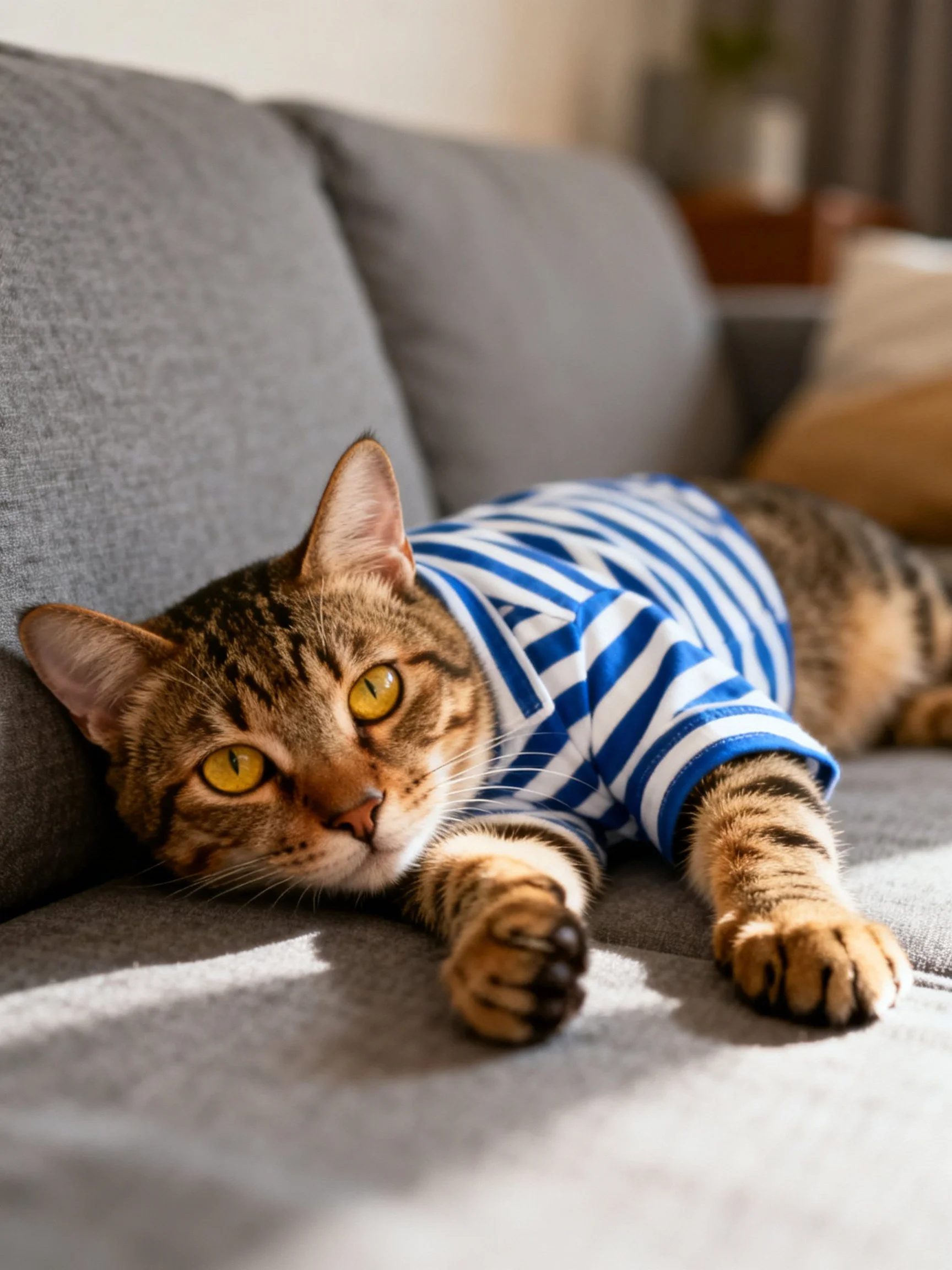 A tabby cat in a blue-and-white striped shirt rests on a gray couch