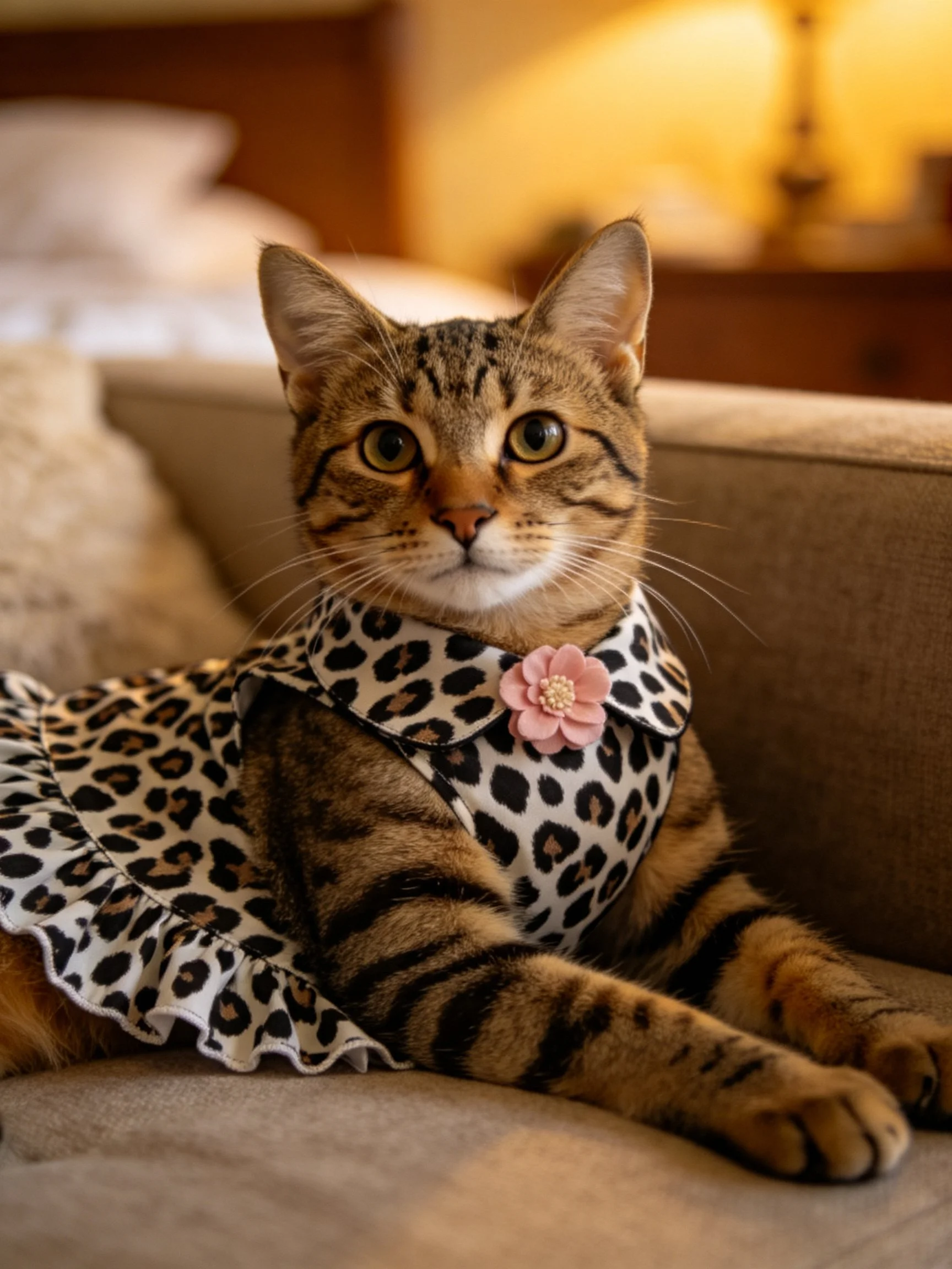 A tabby cat in a leopard - print dress with a pink flower relaxes on a couch