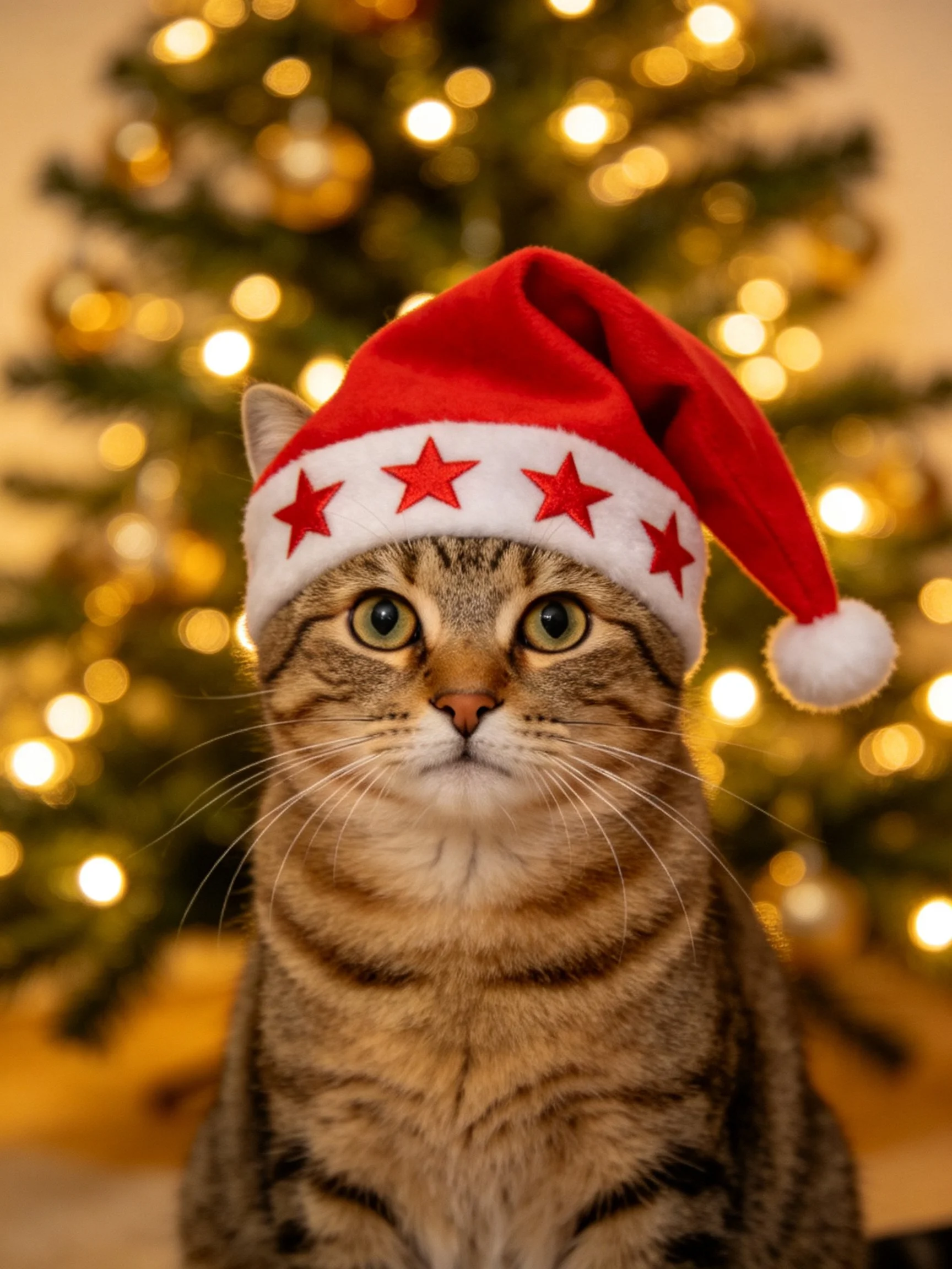 A tabby cat in a star-decorated Santa hat near a lit Christmas tree